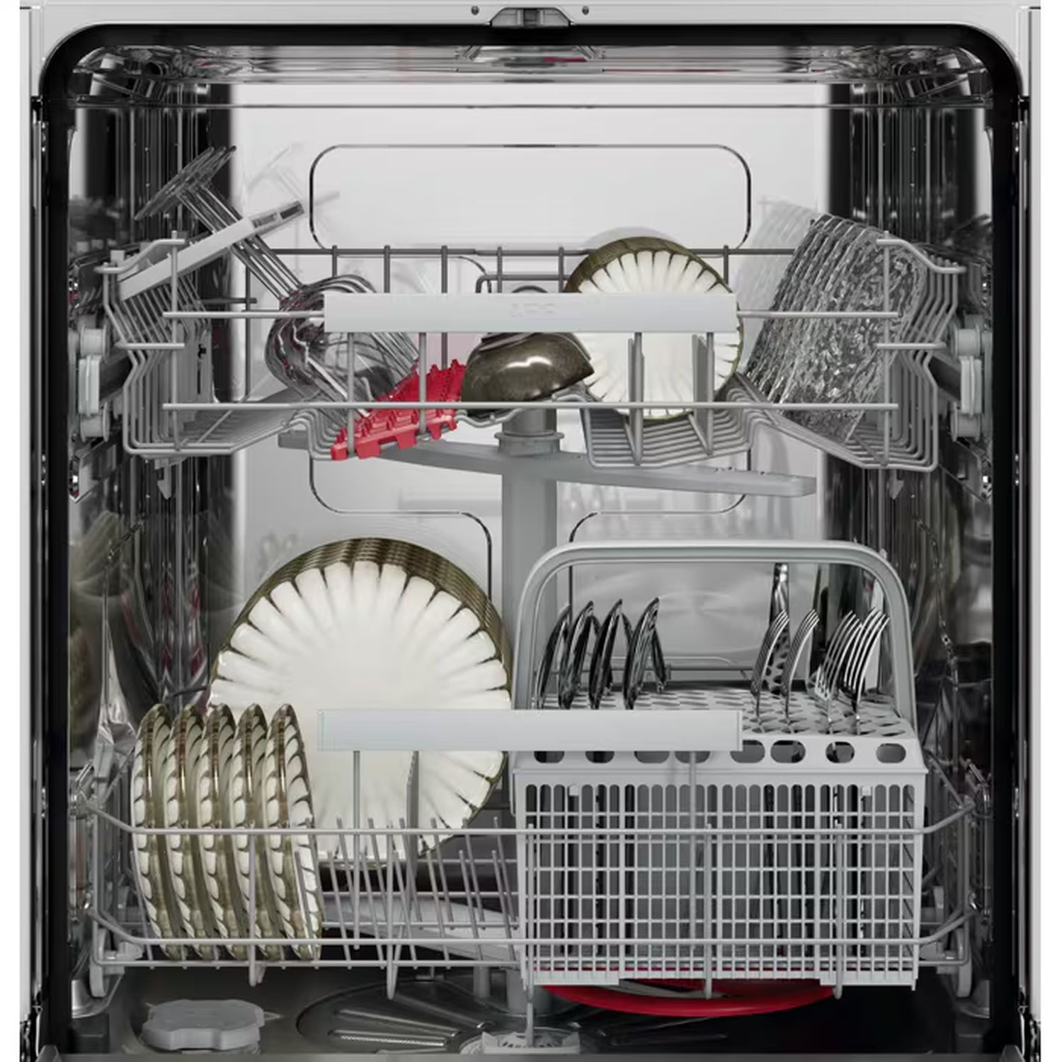 Open dishwasher loaded with dishes, plates, bowls, and cutlery in the racks.