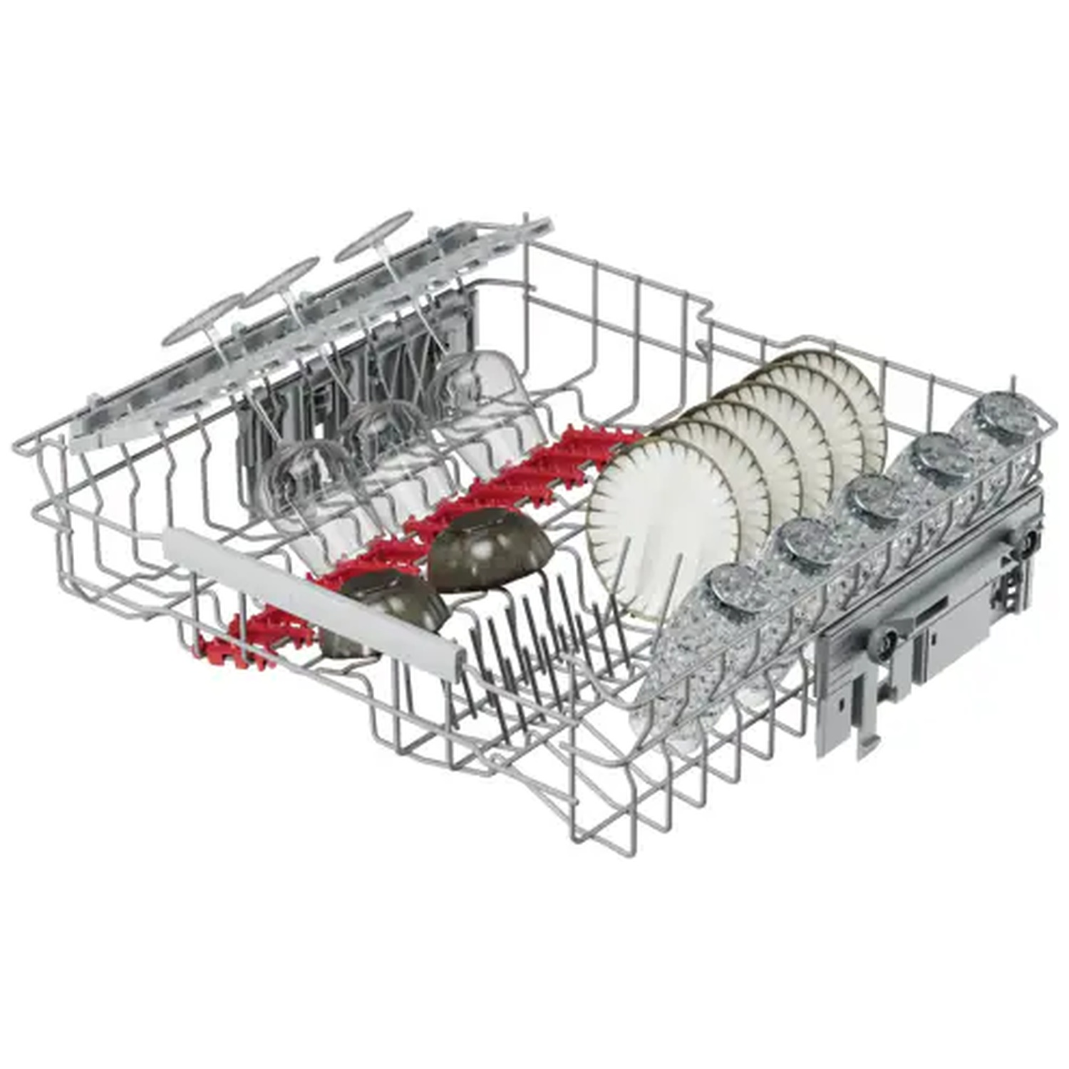 A dishwasher rack loaded with glasses, bowls, and plates, featuring red flexible clips.