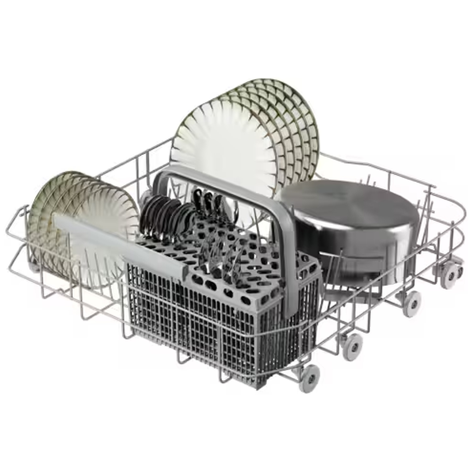 A fully loaded lower dishwasher rack with plates, cutlery in a basket, and a pot.