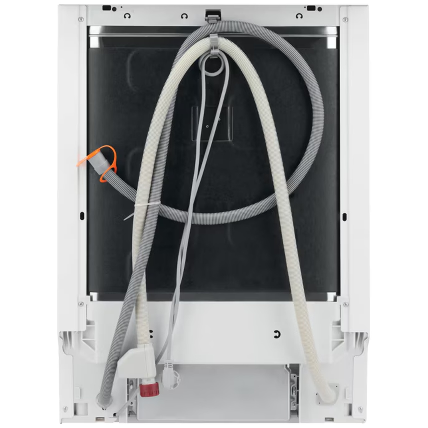 Back of a dishwasher with gray and beige hoses attached.
