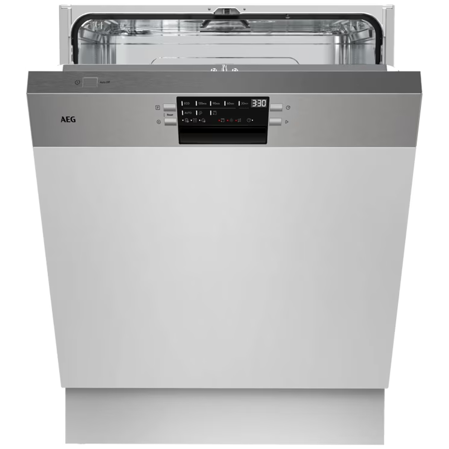 Front view of a silver and white AEG dishwasher with the door slightly open and a digital control panel.