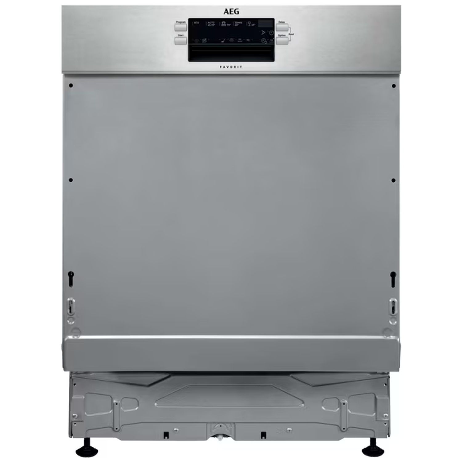 An integrated AEG dishwasher in stainless steel with a control panel and visible base.