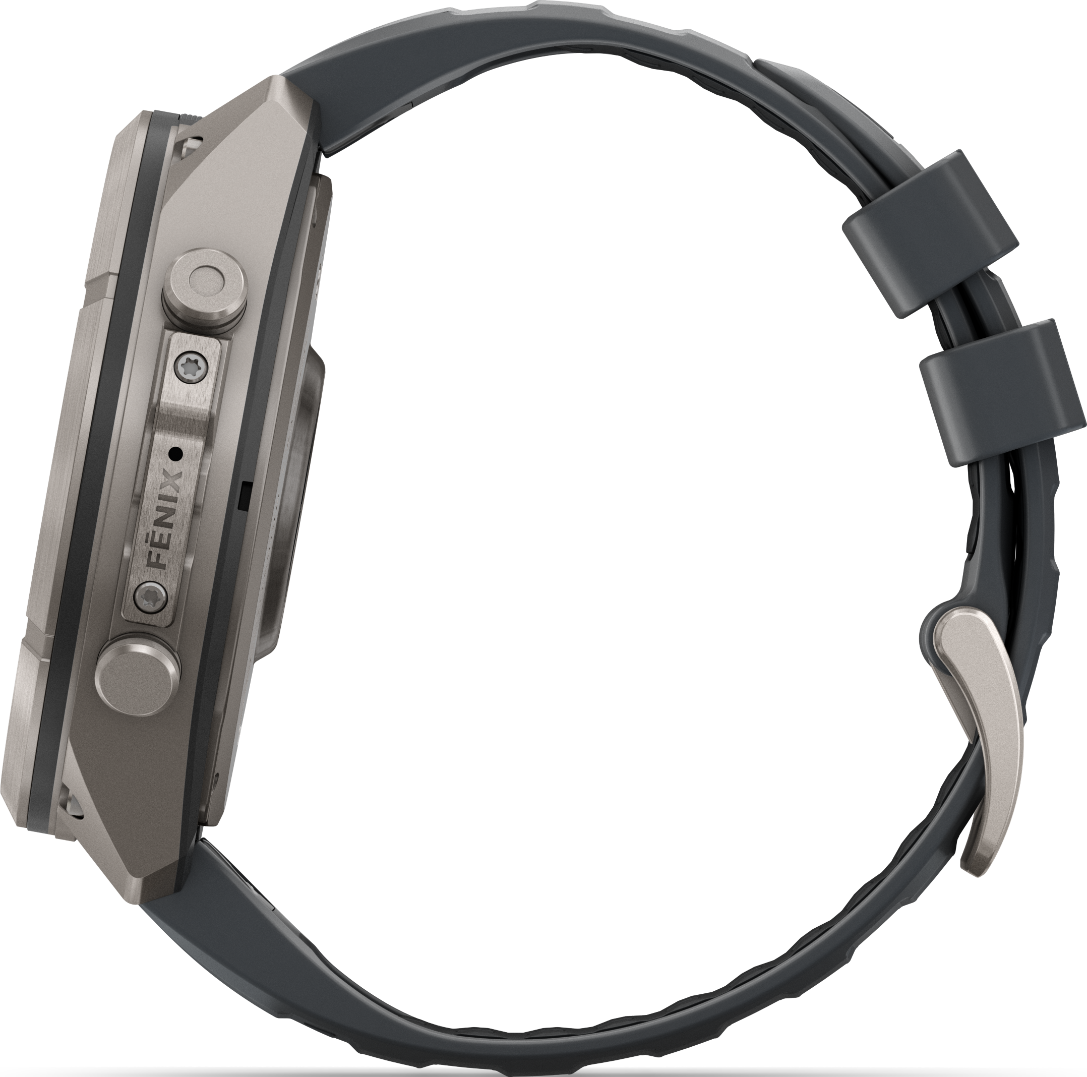 Seitenansicht einer grauen Sportuhr mit Metallgehäuse und dunklem Silikonarmband vor schwarzem Hintergrund.