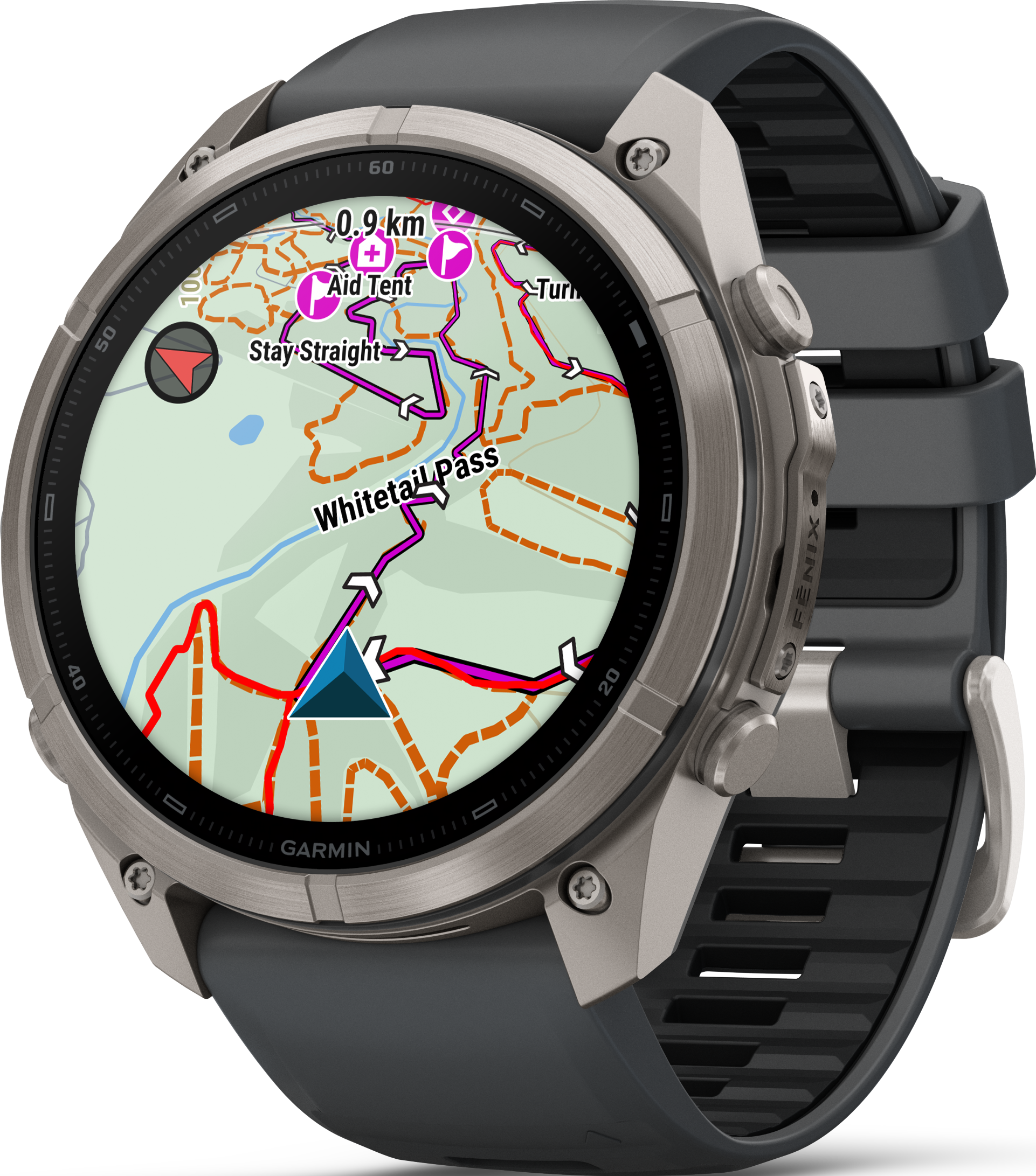 Eine Garmin-Sportuhr mit grauem Gehäuse zeigt eine farbige Wanderkarte mit Routen und Navigationspfeilen auf dem Display.