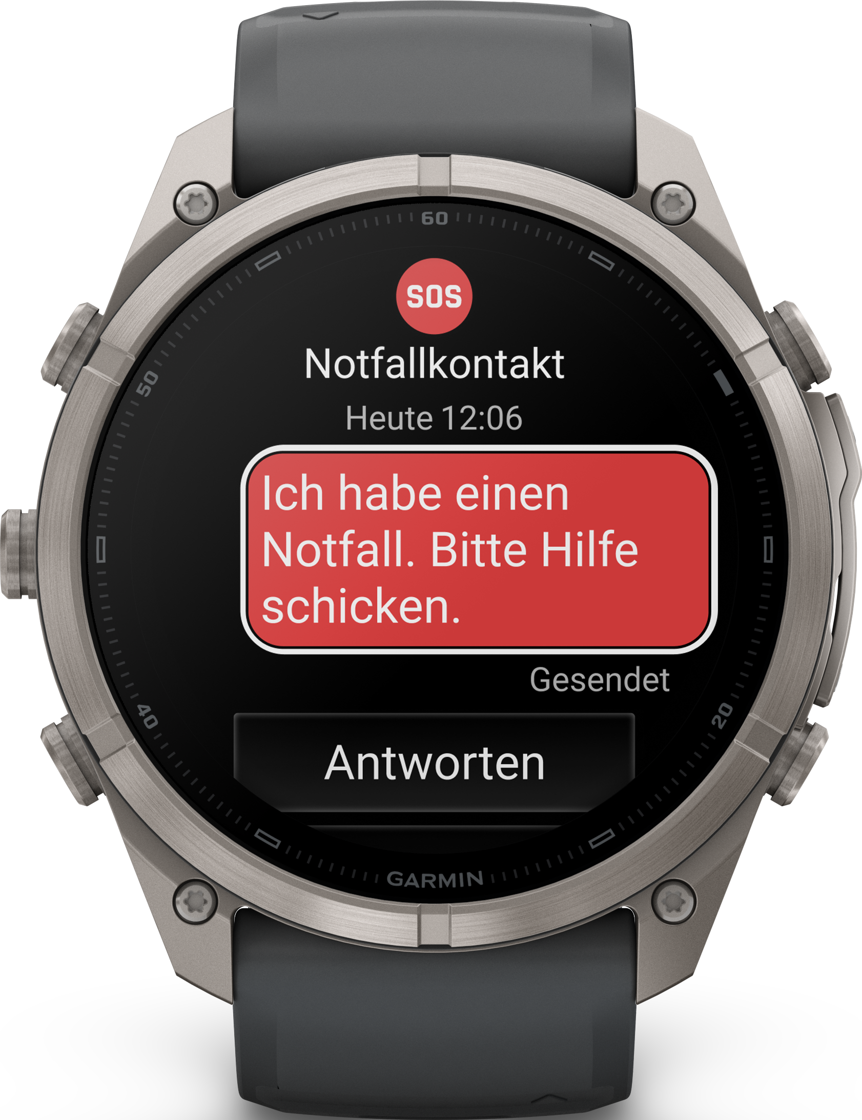 Smartwatch mit rotem SOS-Notfallkontakt-Bildschirm und deutscher Hilfenachricht.