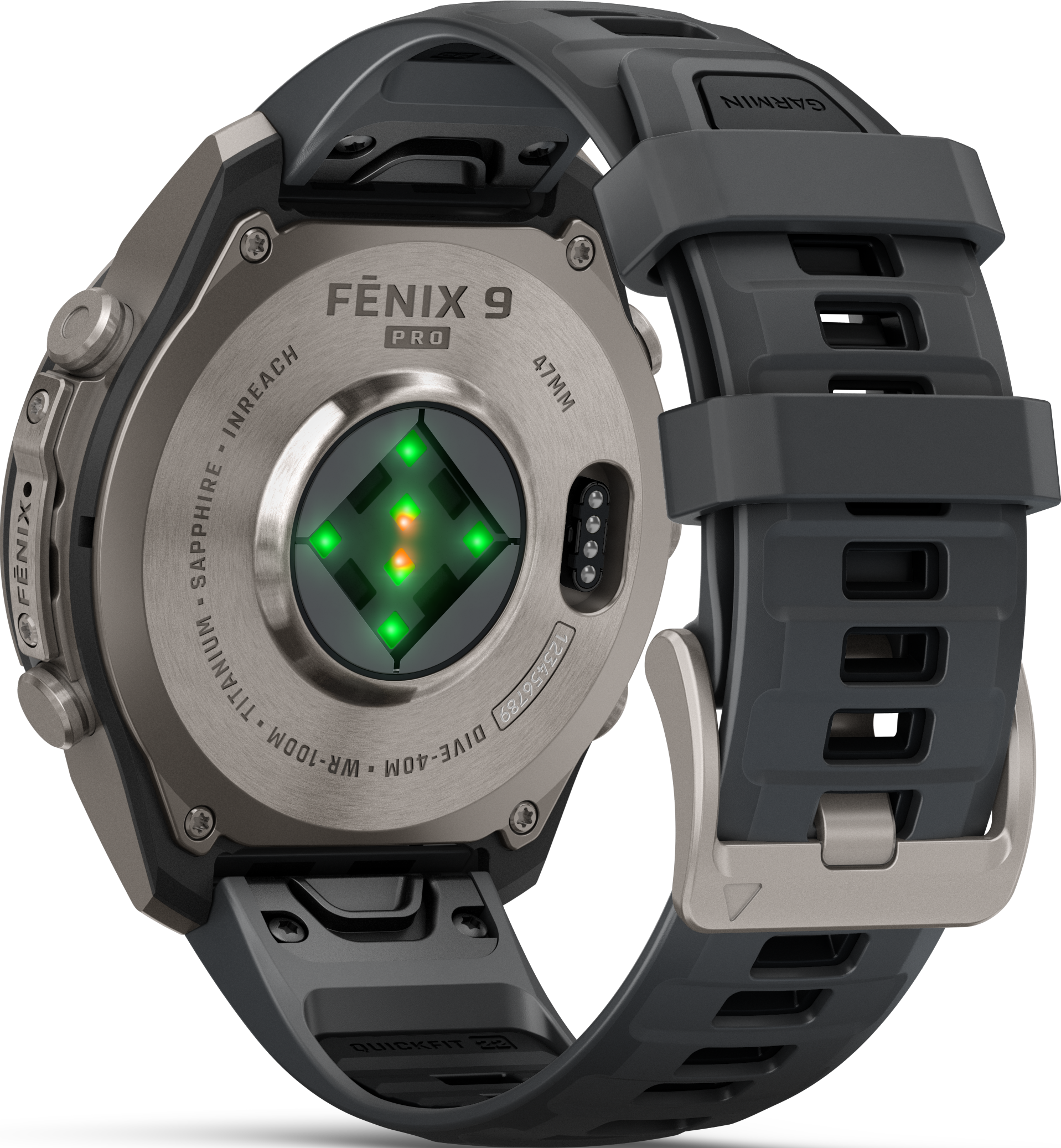 Rückseite einer grauen Garmin Fénix 9 Pro Smartwatch mit Herzfrequenzmesser und Silikonarmband auf schwarzem Grund.