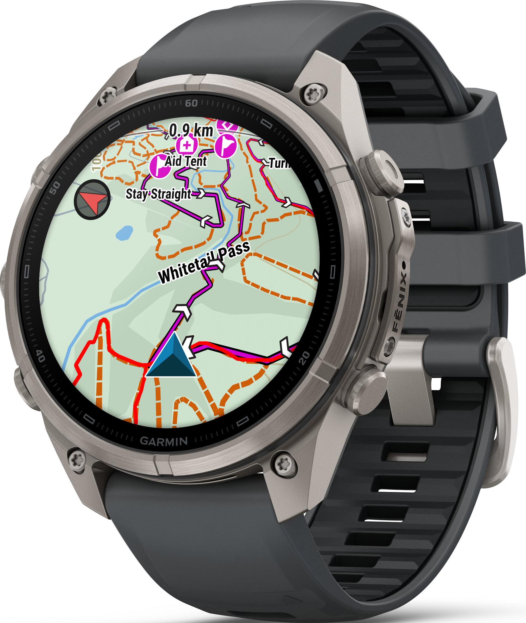 Eine Garmin-Sportuhr zeigt eine detaillierte topografische Wanderkarte auf dem runden Display.