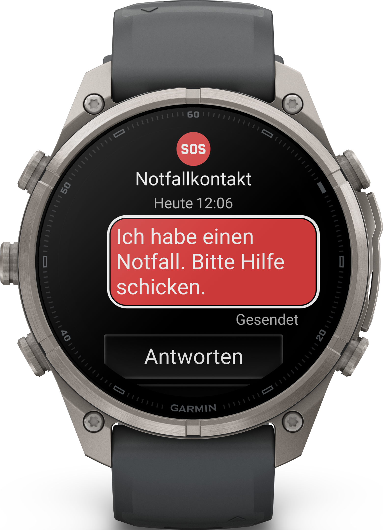 Smartwatch mit einer SOS-Notfallnachricht auf dem Display.