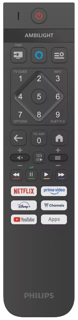 Czarny pilot Philips Ambilight z licznymi przyciskami i skrótami do aplikacji.