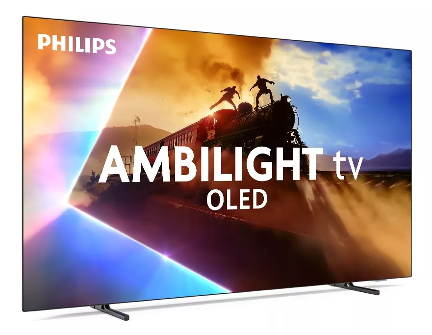 Telewizor Philips Ambilight OLED wyświetlający scenę z pociągiem na białym tle.