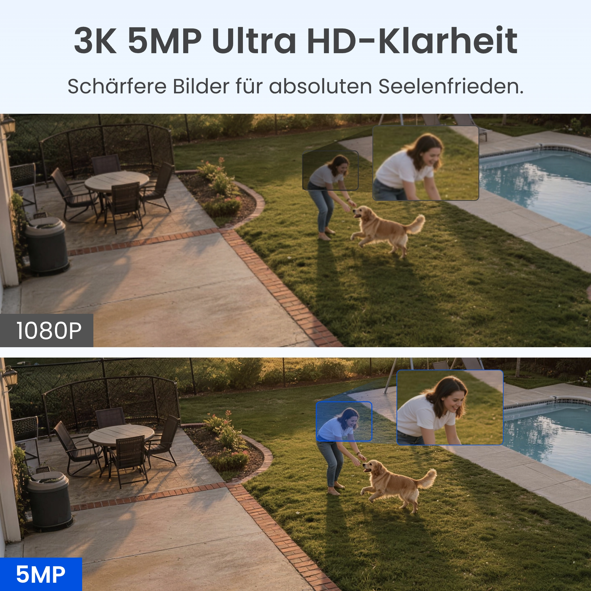 Vergleich von 1080P und 5MP Kameraaufnahmen einer Frau, die mit einem Hund im Garten spielt.