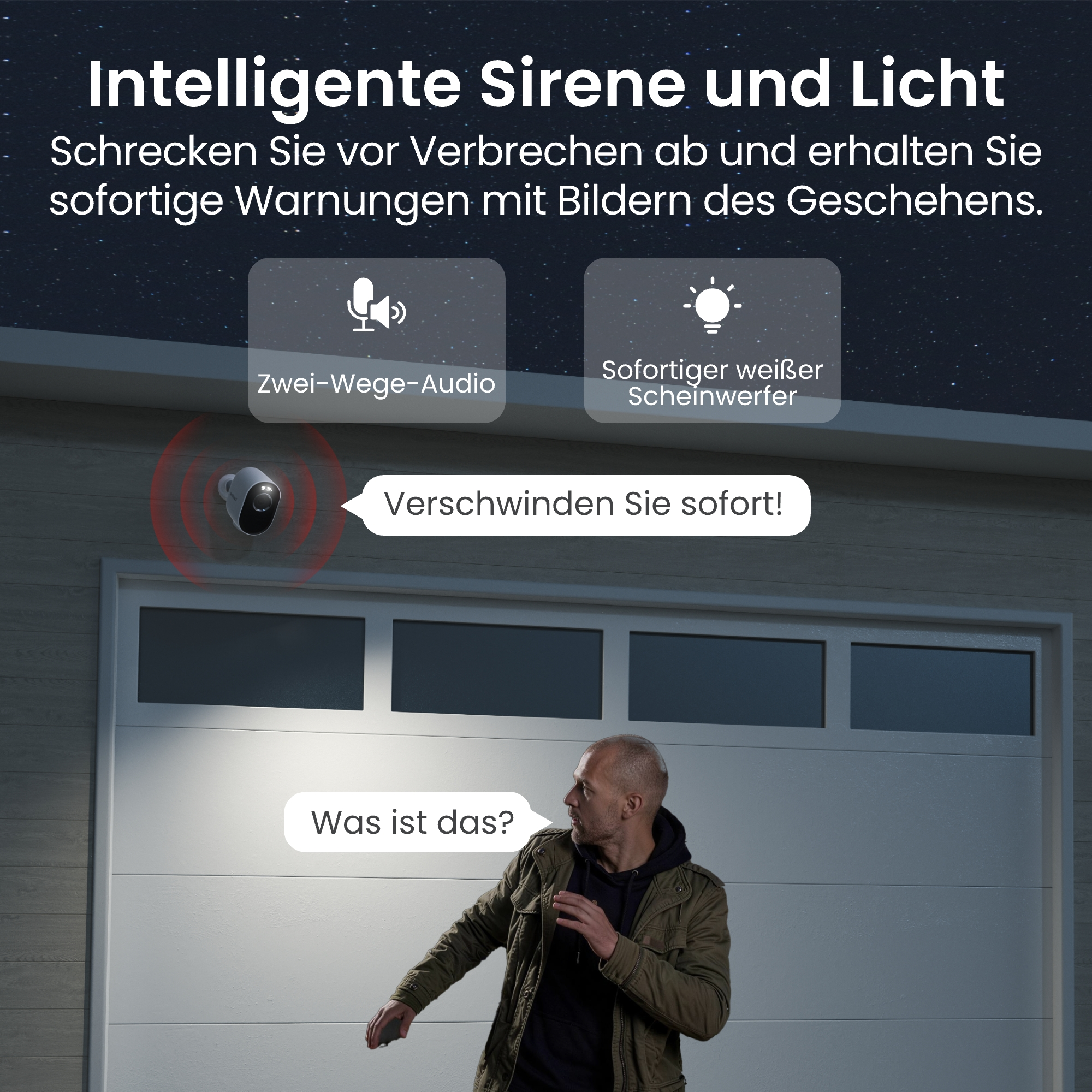 Sicherheitskamera mit Sirene und Licht, die einen Eindringling über einer Garage abschreckt.