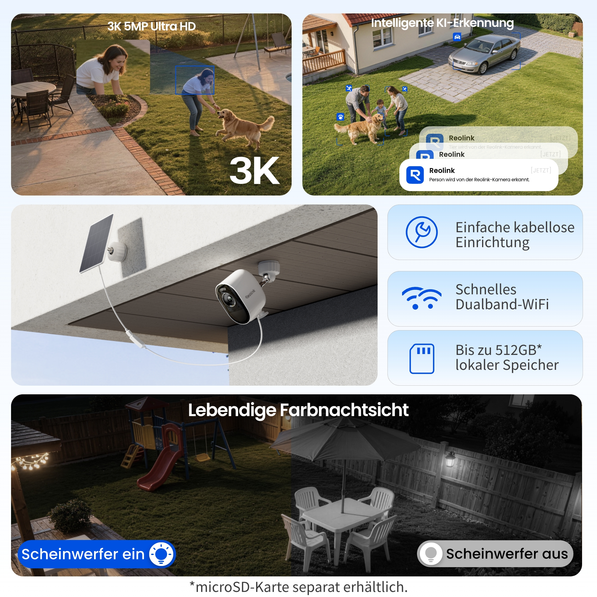 Überwachungskamera-Anzeige mit 3K-Auflösung, KI-Erkennung, Solarpanel, WLAN und Nachtsichtfunktionen.