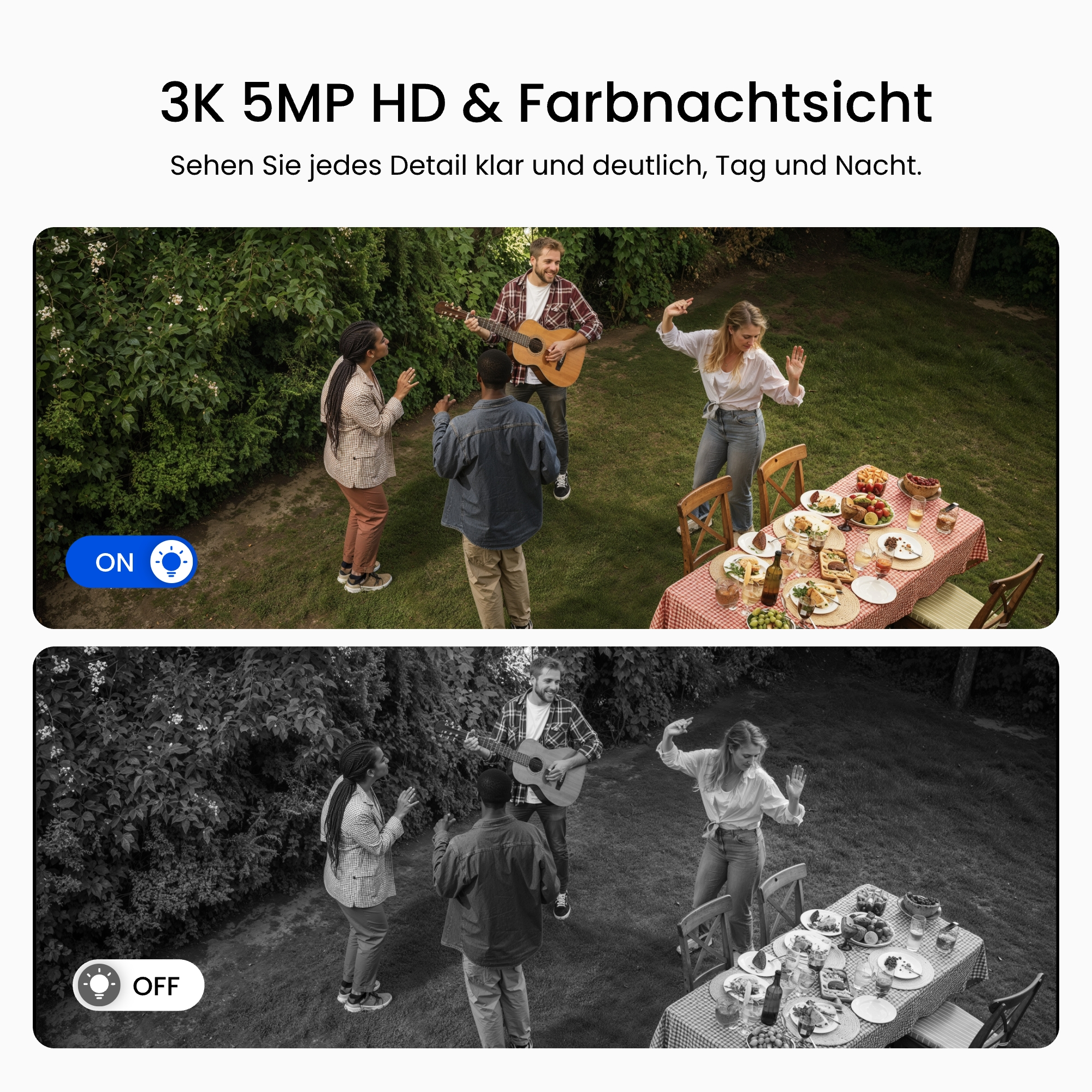 Vergleich zweier Gartenbilder bei Nacht: oben in Farbe mit eingeschaltetem Licht, unten in Schwarzweiß.