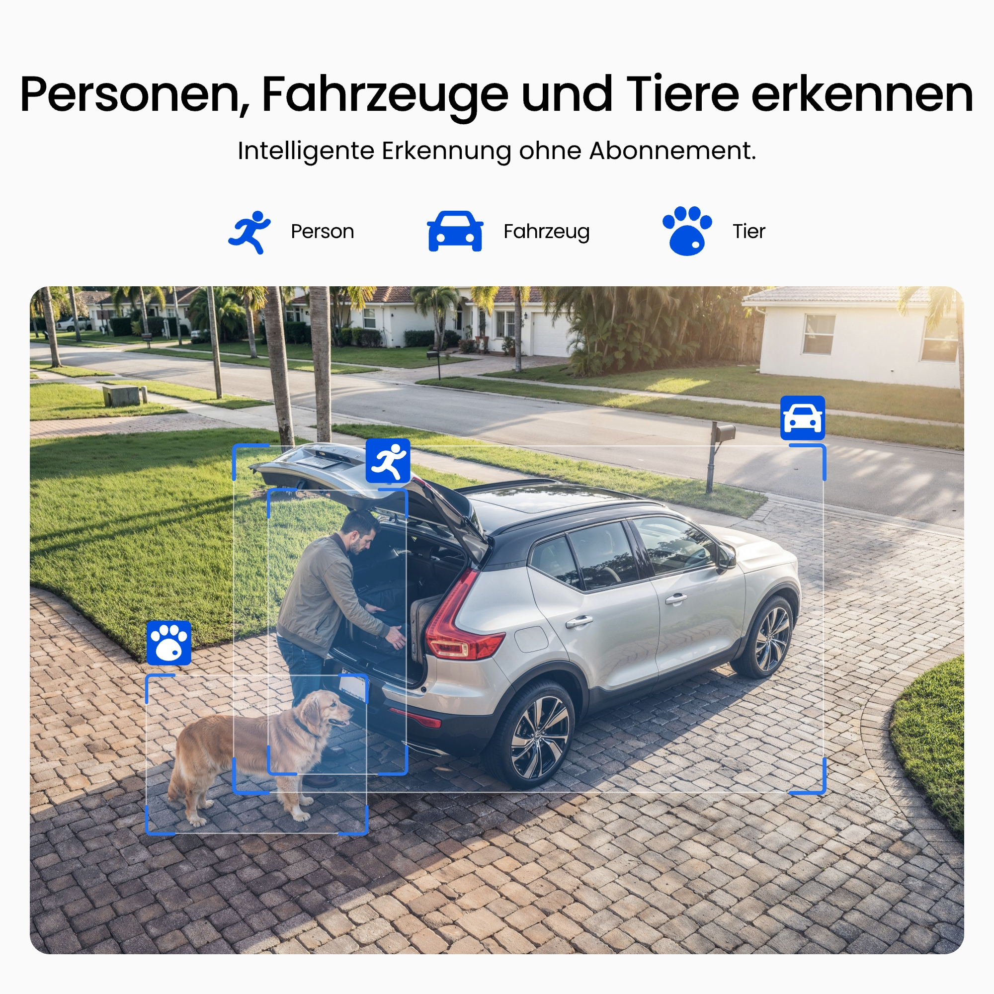 Intelligente Erkennung von Personen, Fahrzeugen und Tieren mit KI-Grafik.