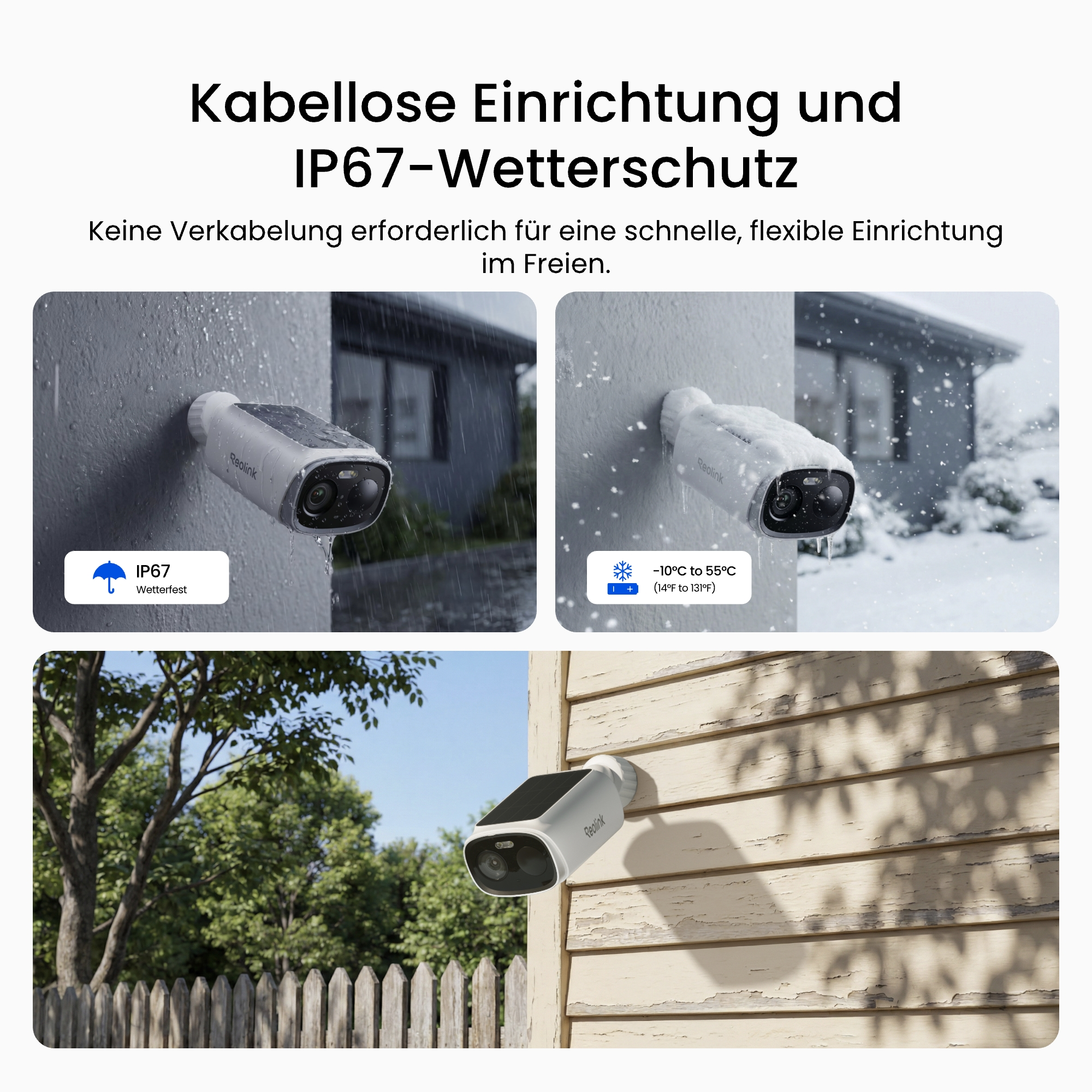 Wetterfeste kabellose Sicherheitskamera mit IP67-Schutz bei Regen und Schnee.
