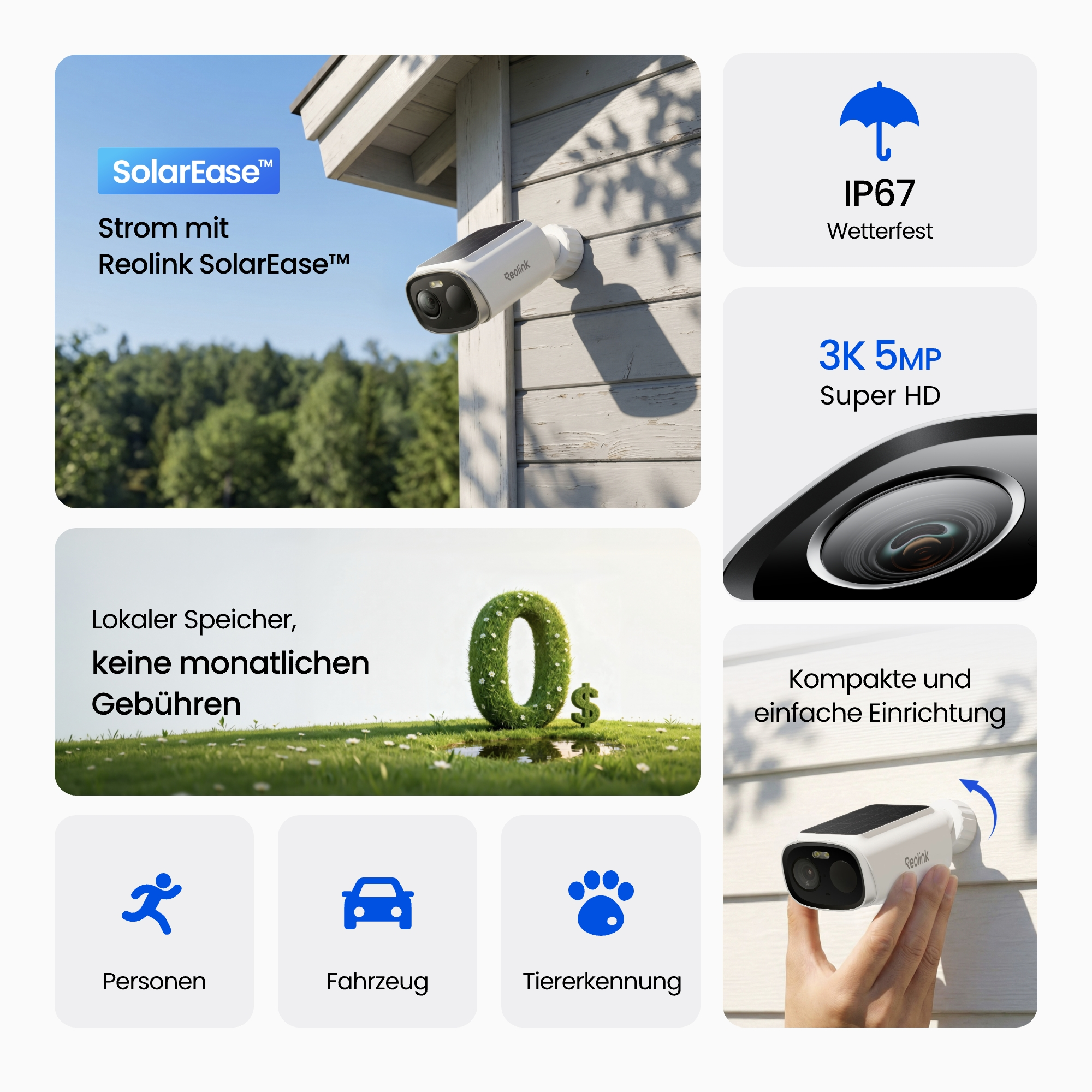 Produktcollage für Reolink Überwachungskamera mit Solar, IP67, 3K HD und Personen-, Fahrzeug- und Tiererkennung.