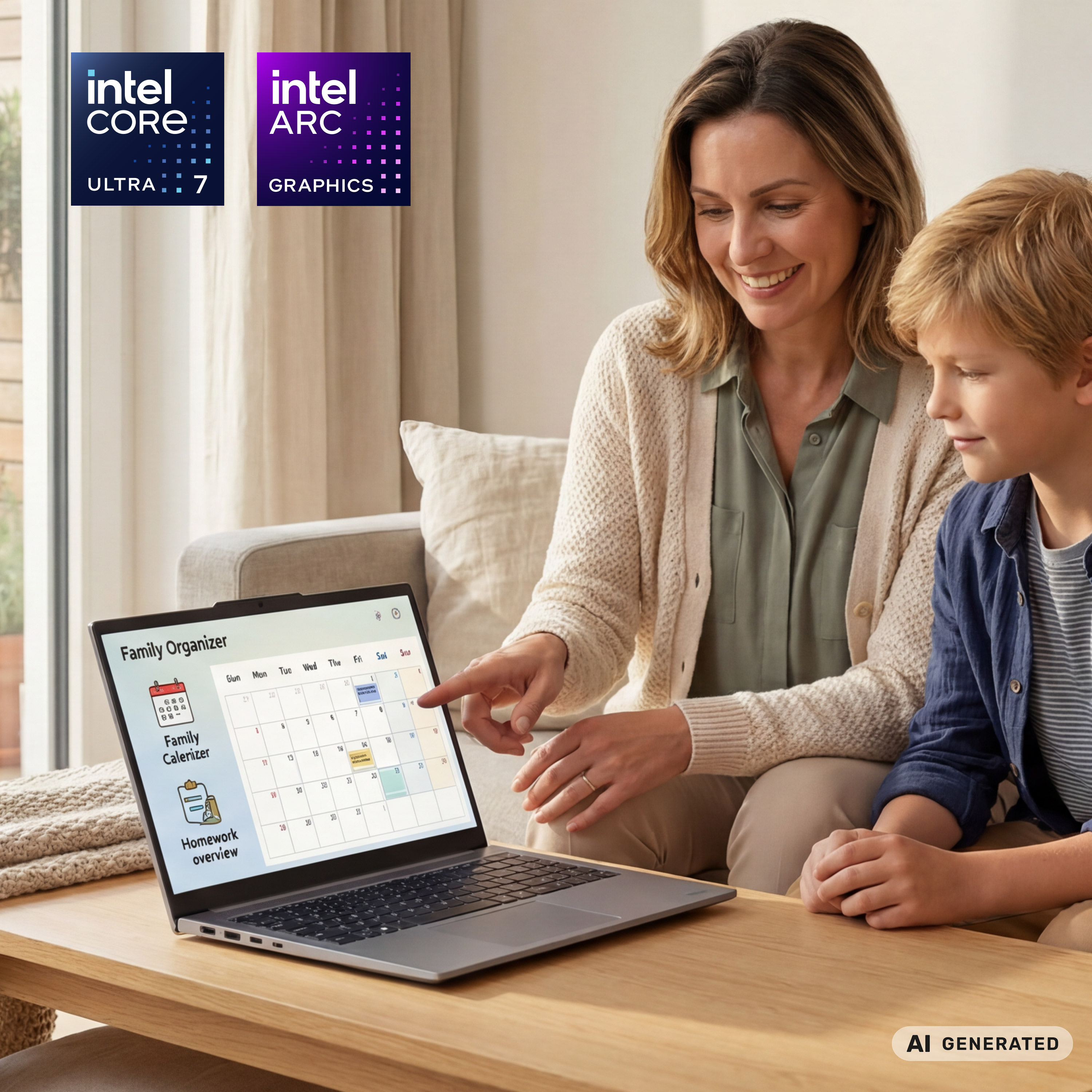 Eine Mutter und ein Sohn lächeln gemeinsam, während sie auf einen Familienkalender auf einem Laptop schauen.