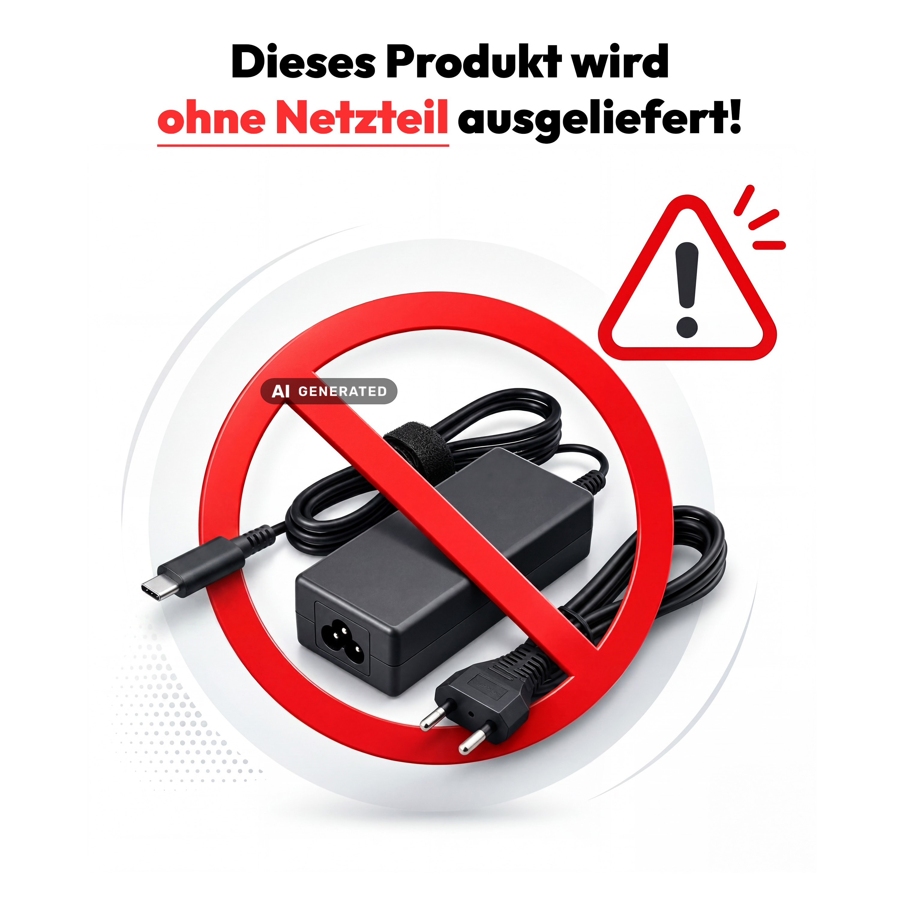 Produktbild mit durchgestrichenem Netzteil und Warnhinweis: Dieses Produkt wird ohne Netzteil ausgeliefert!