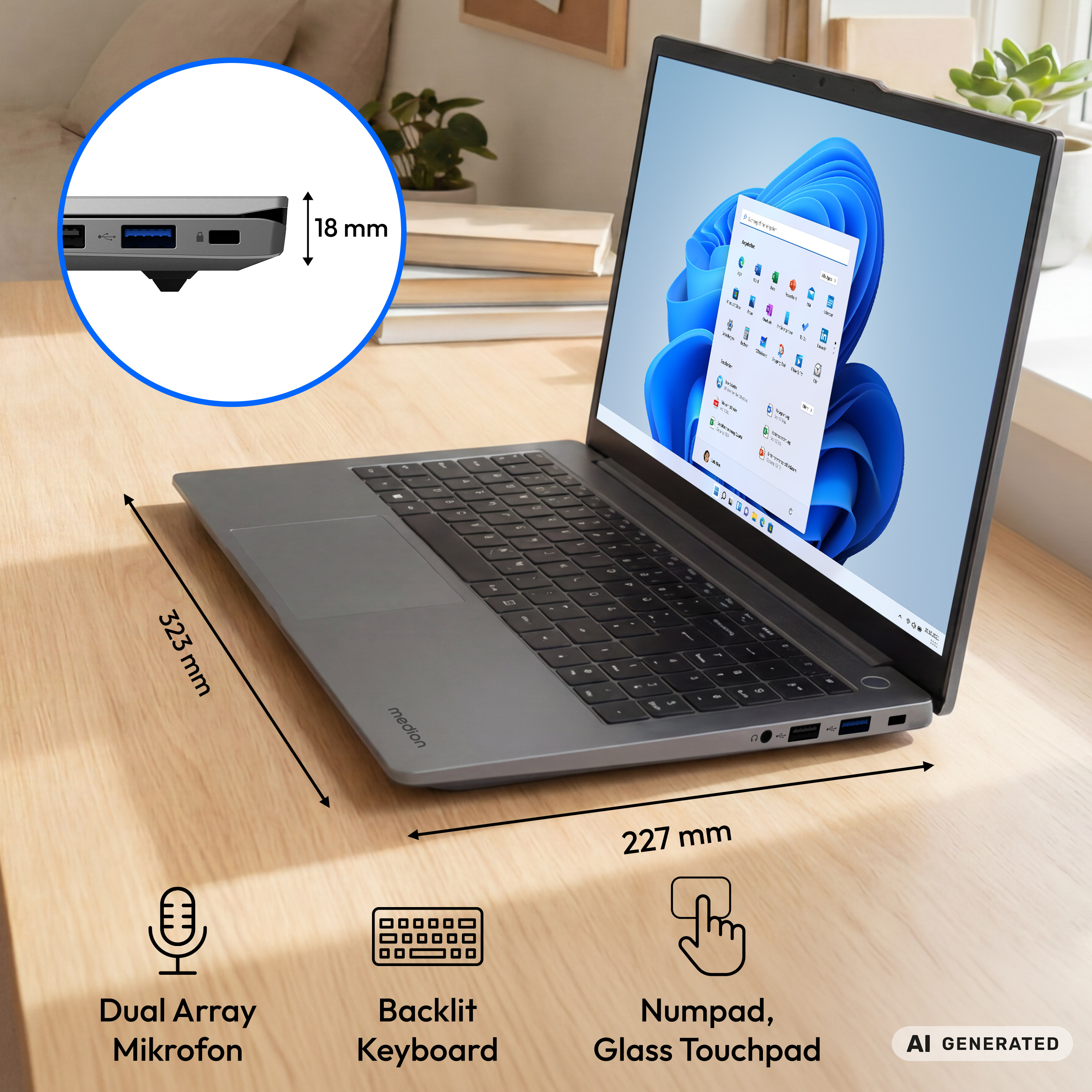 Grauer Laptop auf Holztisch mit Maßen und Icons für Mikrofon, Tastatur und Touchpad.