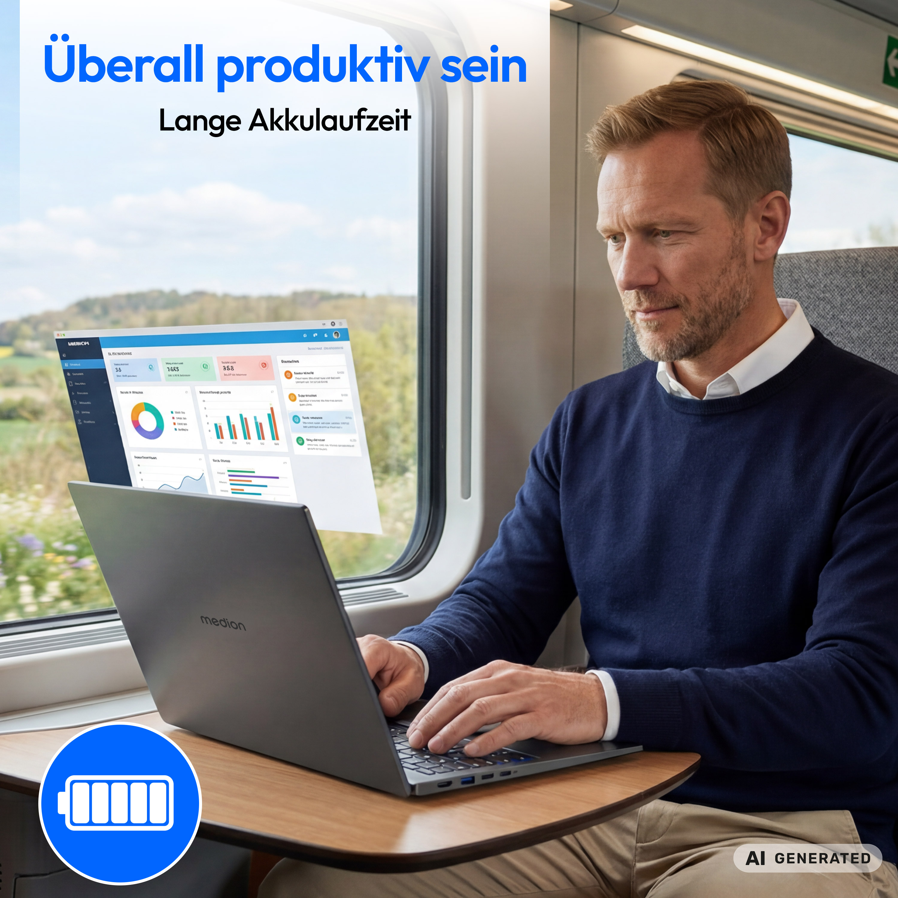 Ein Mann sitzt in einem Zug und tippt auf einem Laptop, während er aus dem Fenster schaut.