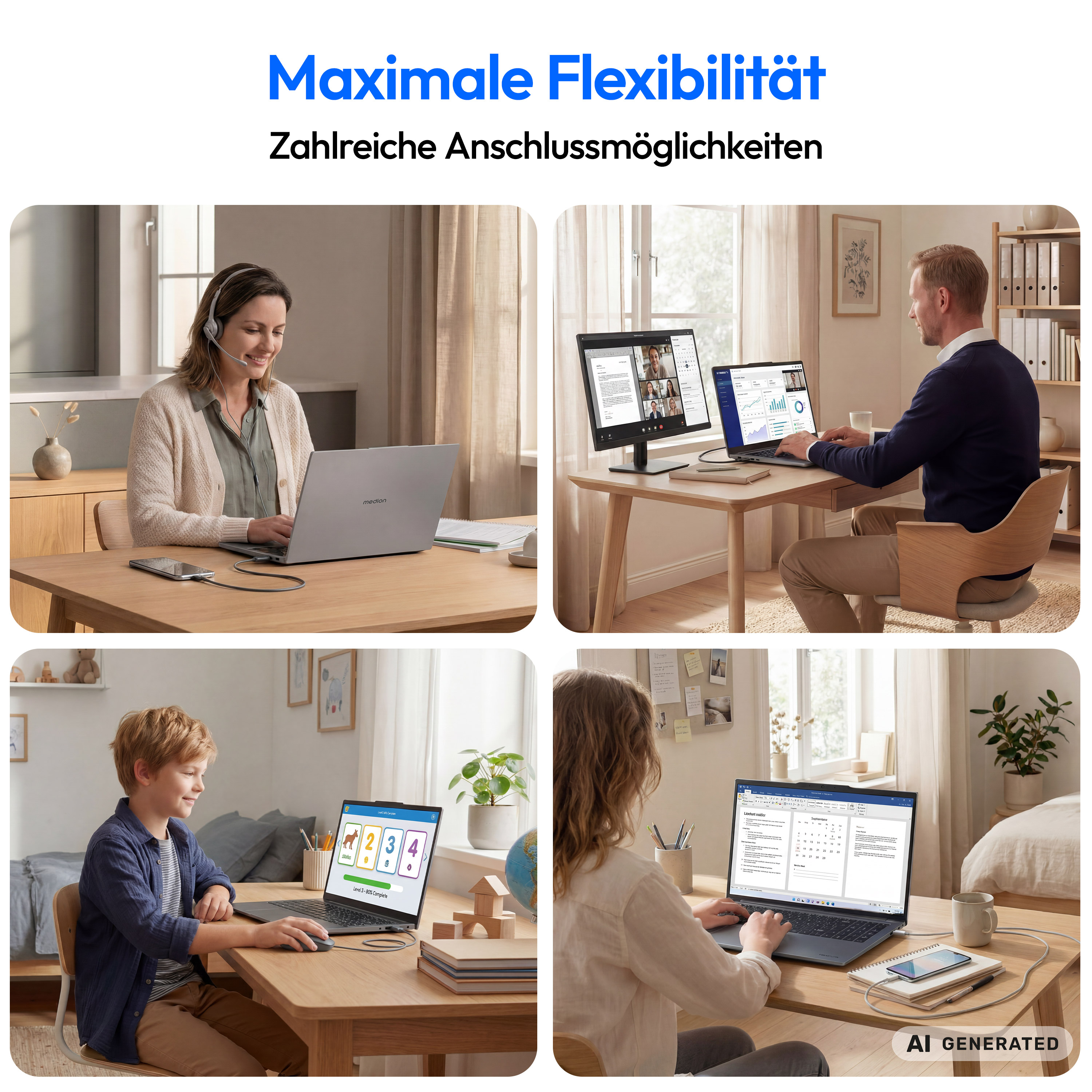 Vier Bilder zeigen Menschen unterschiedlichen Alters, die an Holztischen mit Laptops und Monitoren arbeiten oder lernen.