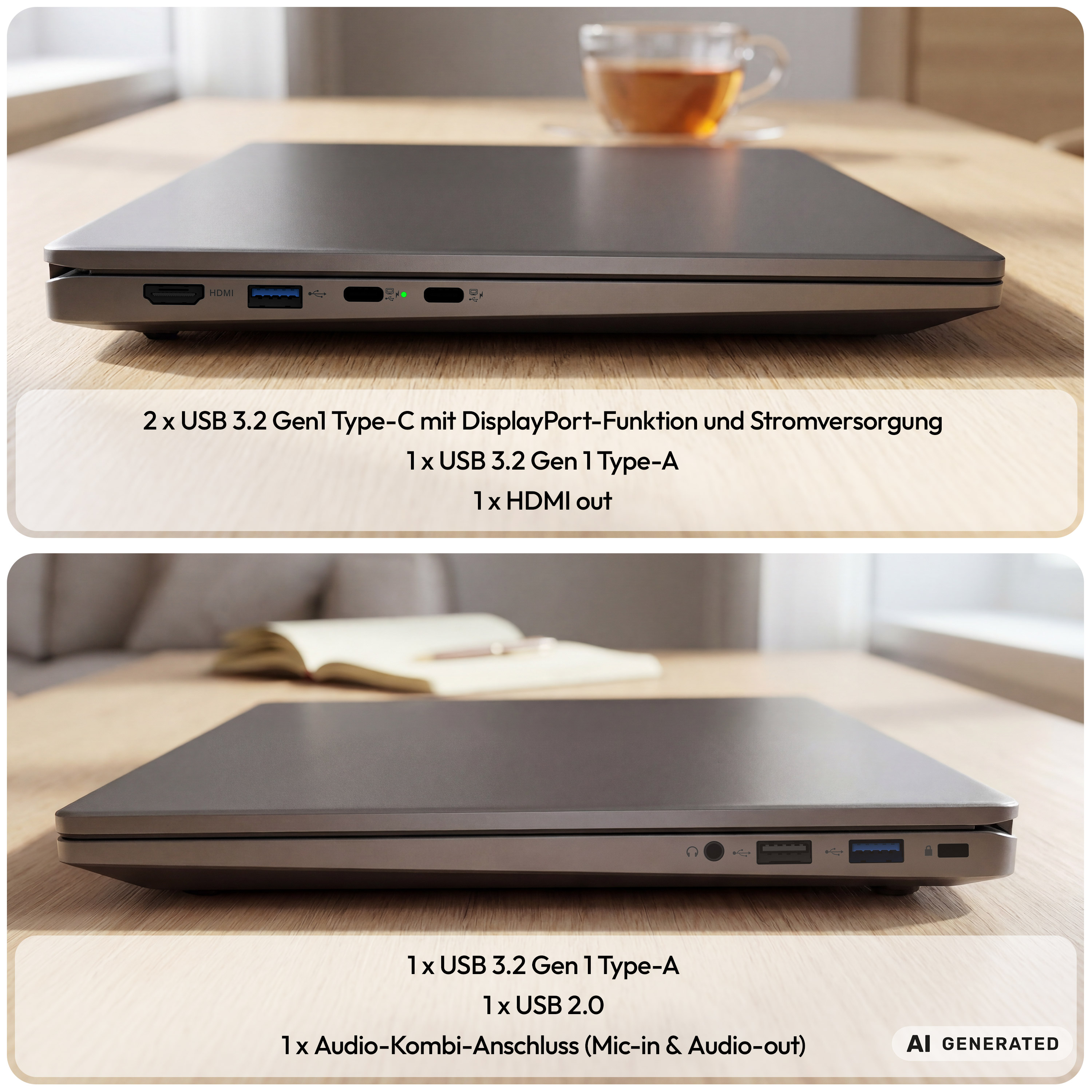 Laptop auf Holztisch zeigt verschiedene Anschlüsse an beiden Seiten.