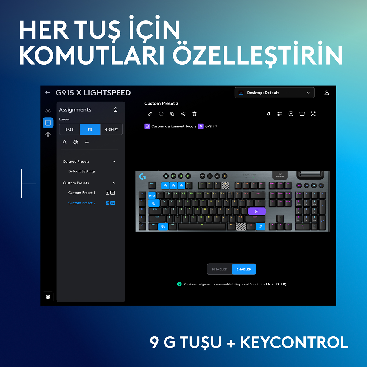 KeyControl ile klavye tuş özelleştirme ayarlarını gösteren yazılım ekran görüntüsü.