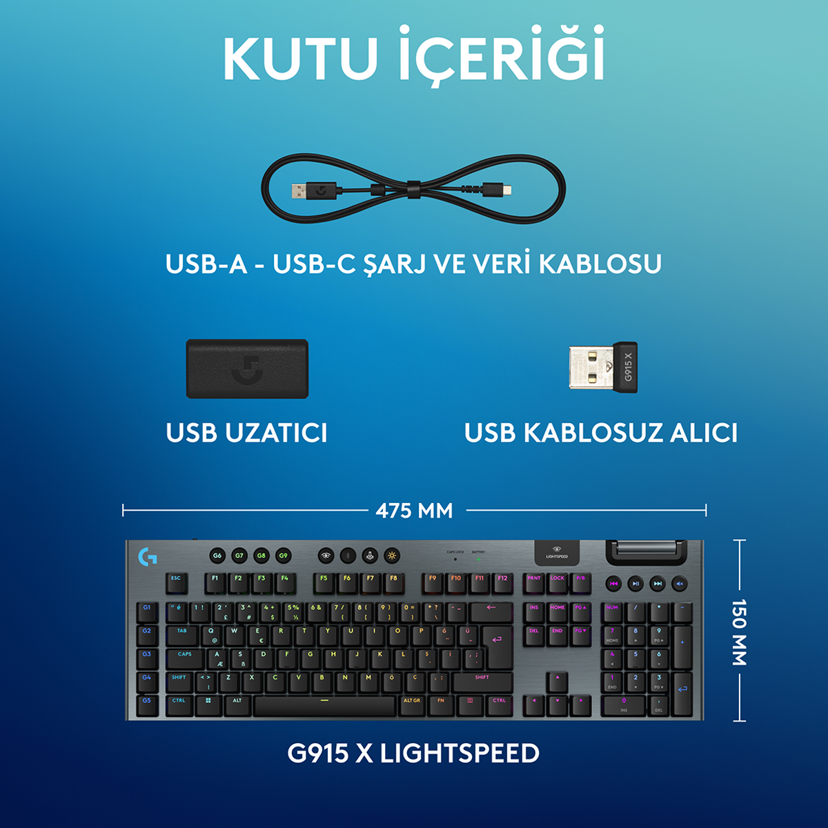 Kutu içeriği: USB-C kablosu, USB uzatıcı, kablosuz alıcı ve G915 X Lightspeed klavye, ölçüleriyle birlikte.
