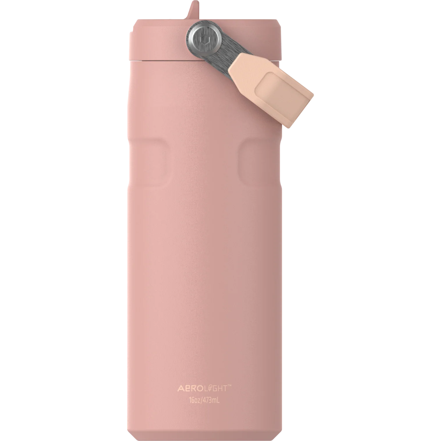 Gümüş kapaklı ve yazılı mat pembe su matarası.