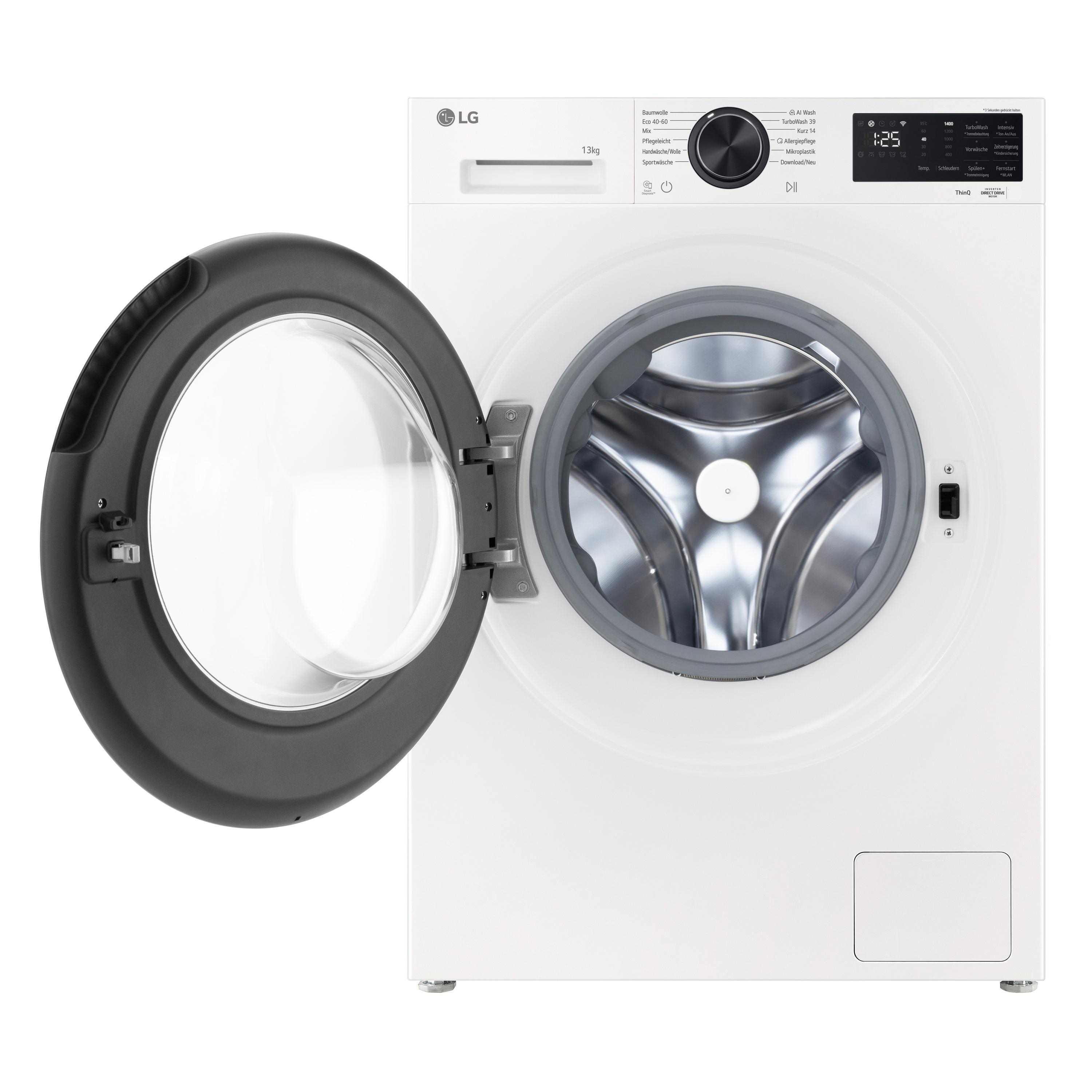 Eine weiße LG-Waschmaschine mit offener schwarzer Glastür, einem Drehregler und einem digitalen Display.