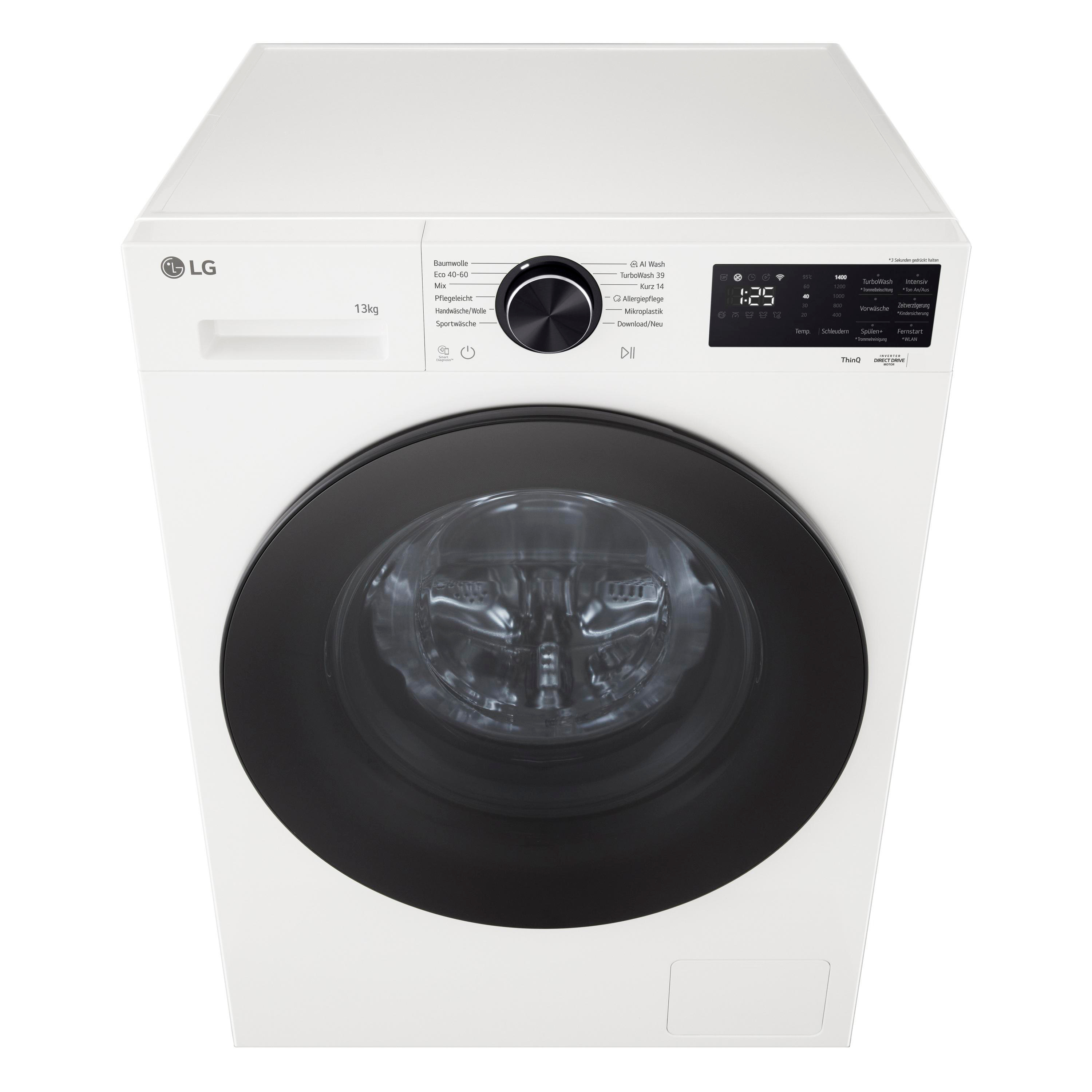 Eine wei ße LG Frontlader-Waschmaschine mit schwarzem Bullauge und digitalem Bedienfeld auf weißem Hintergrund.