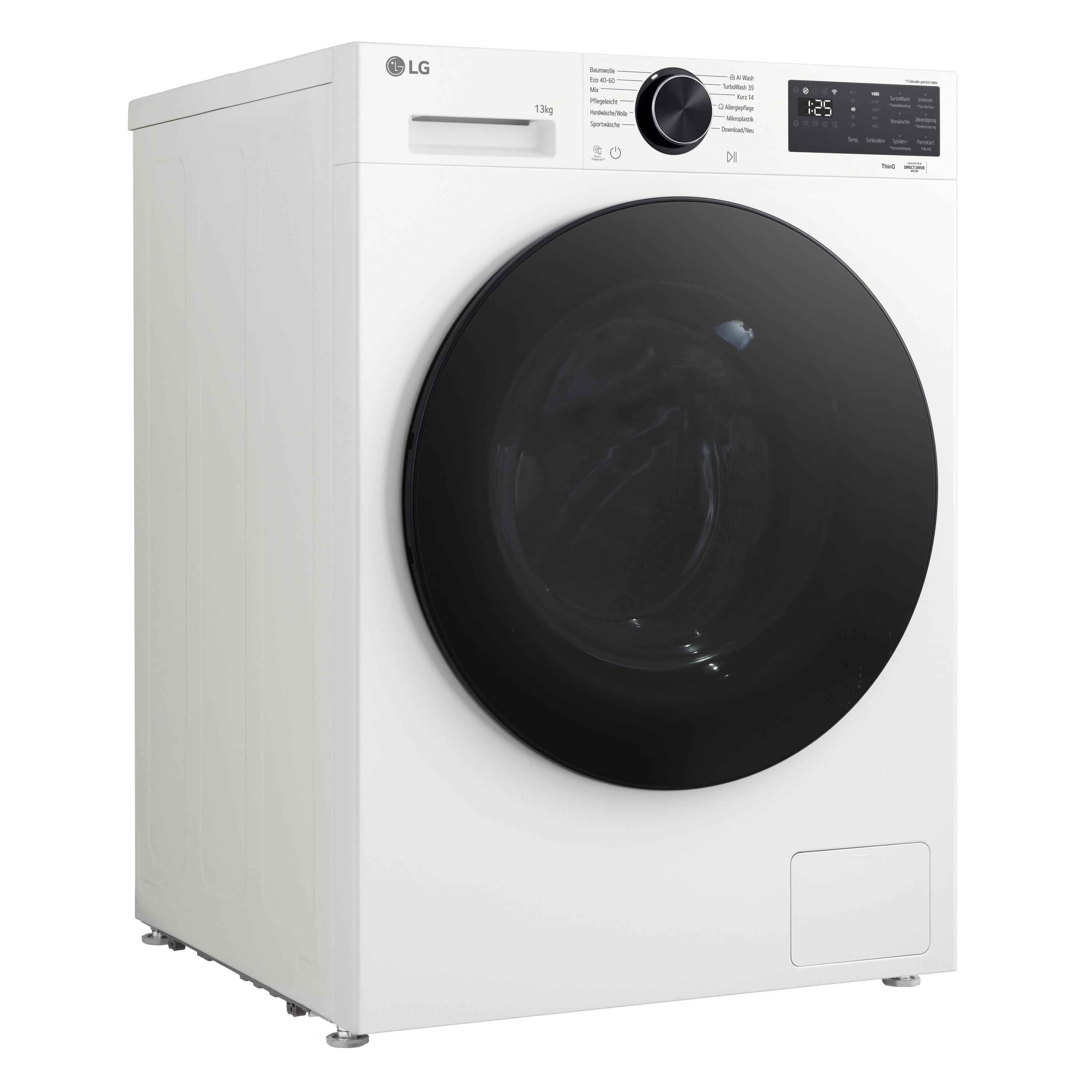 Eine weiße LG Waschmaschine mit schwarzem Bullauge, Drehregler und Digitaldisplay.