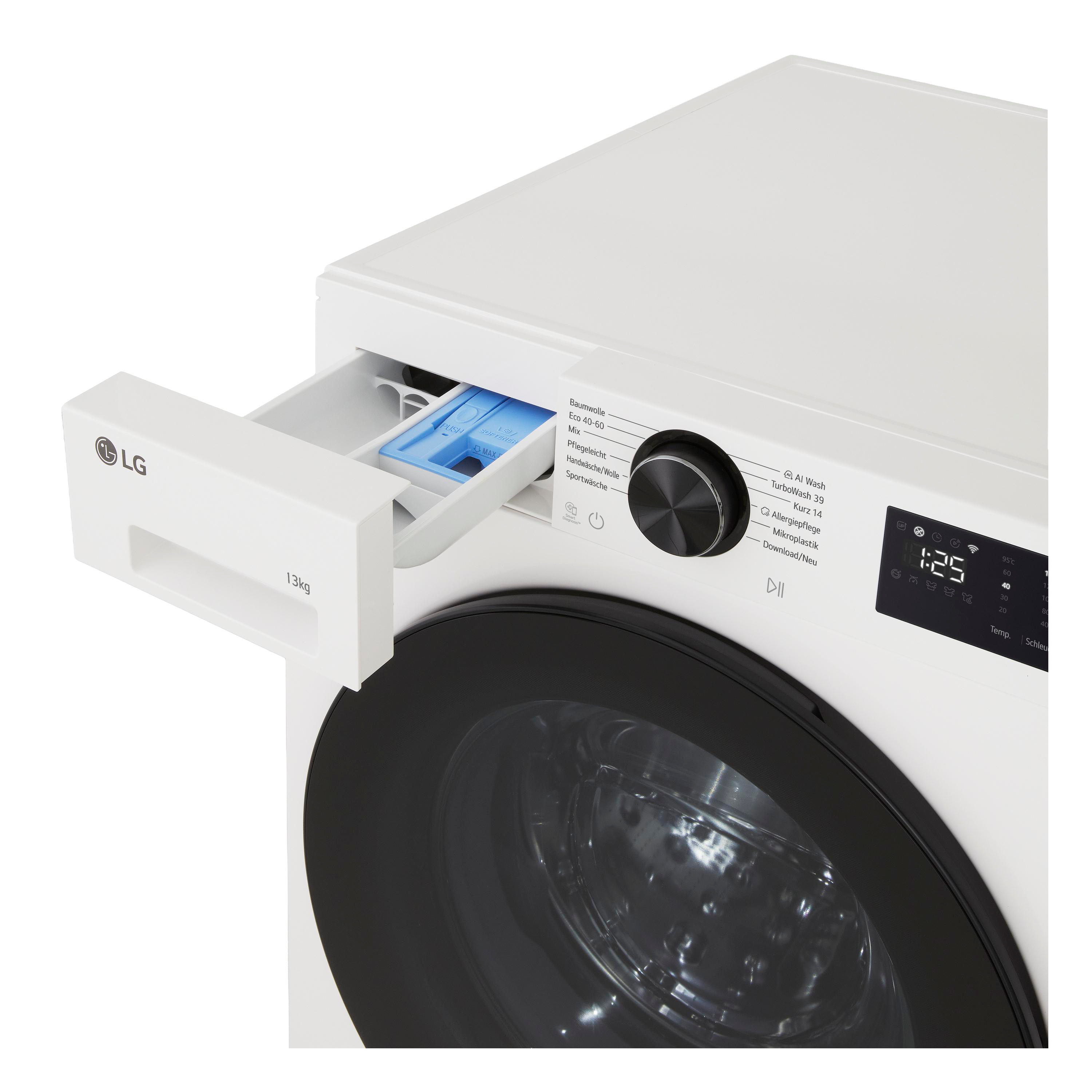 Eine weiße LG-Waschmaschine mit geöffnetem Waschmittel-Eingabefach.