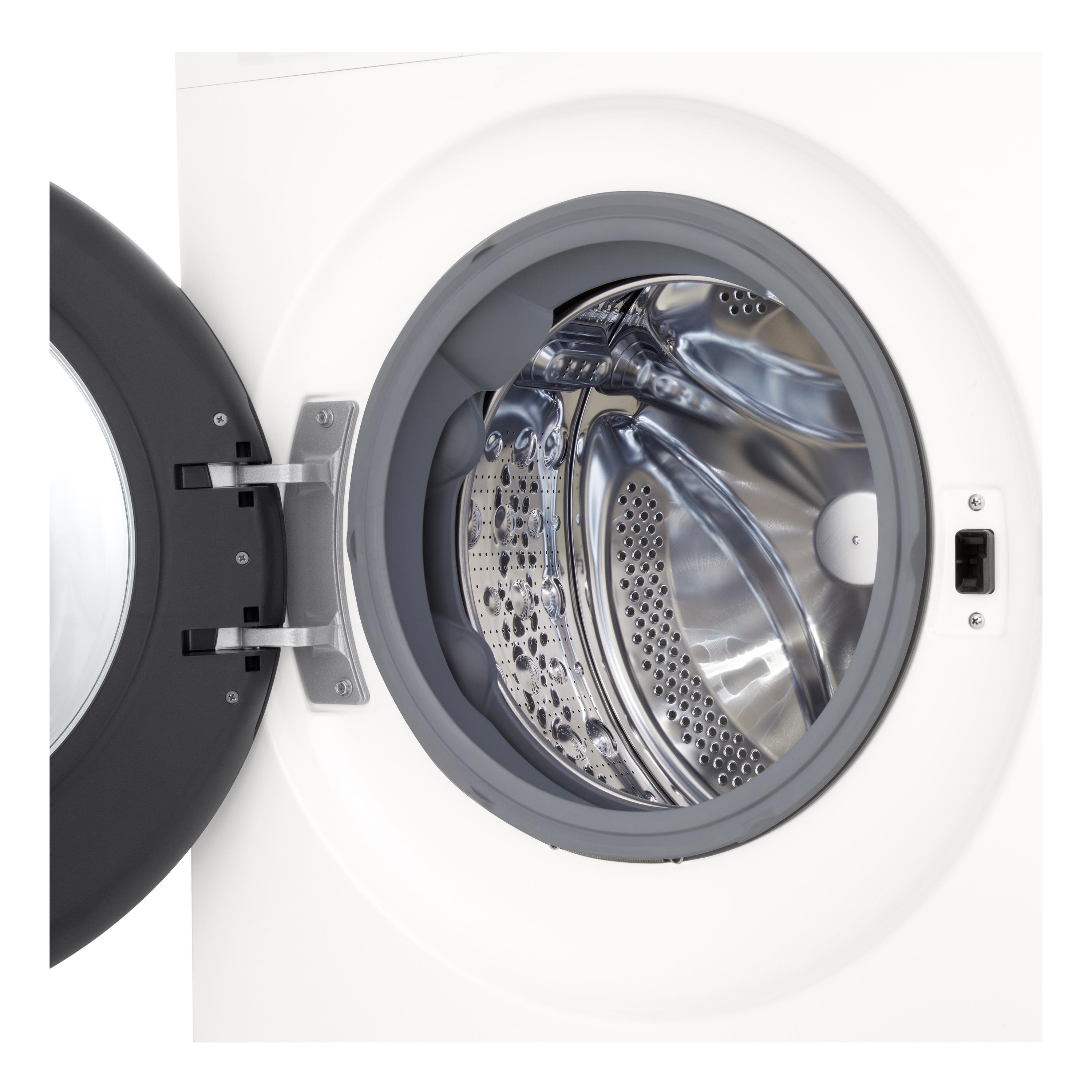 Eine offene weiße Waschmaschine mit glänzender Metalltrommel und grauem Dichtungsring.
