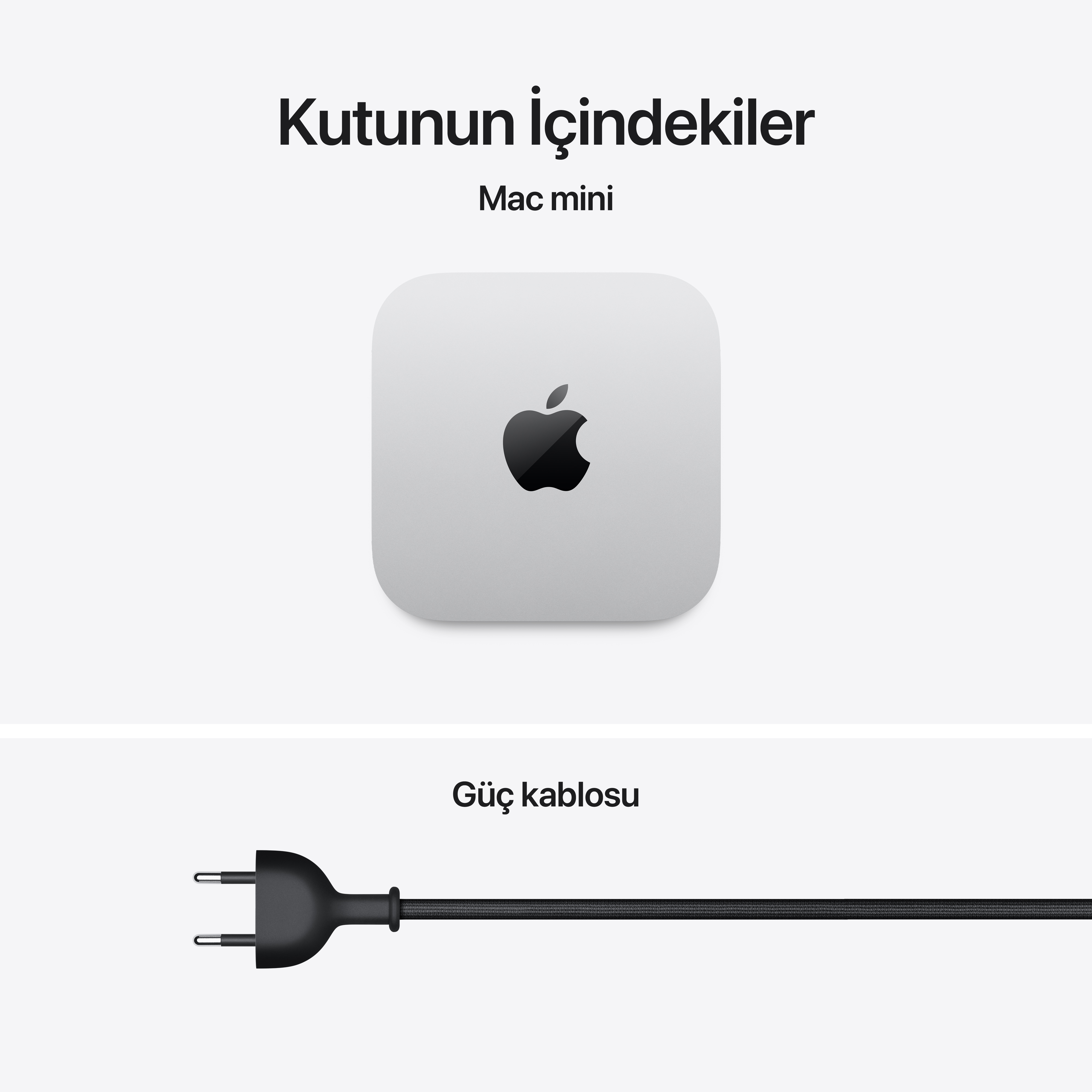 Beyaz arka planda Türkçe metinle Mac mini ve güç kablosu.