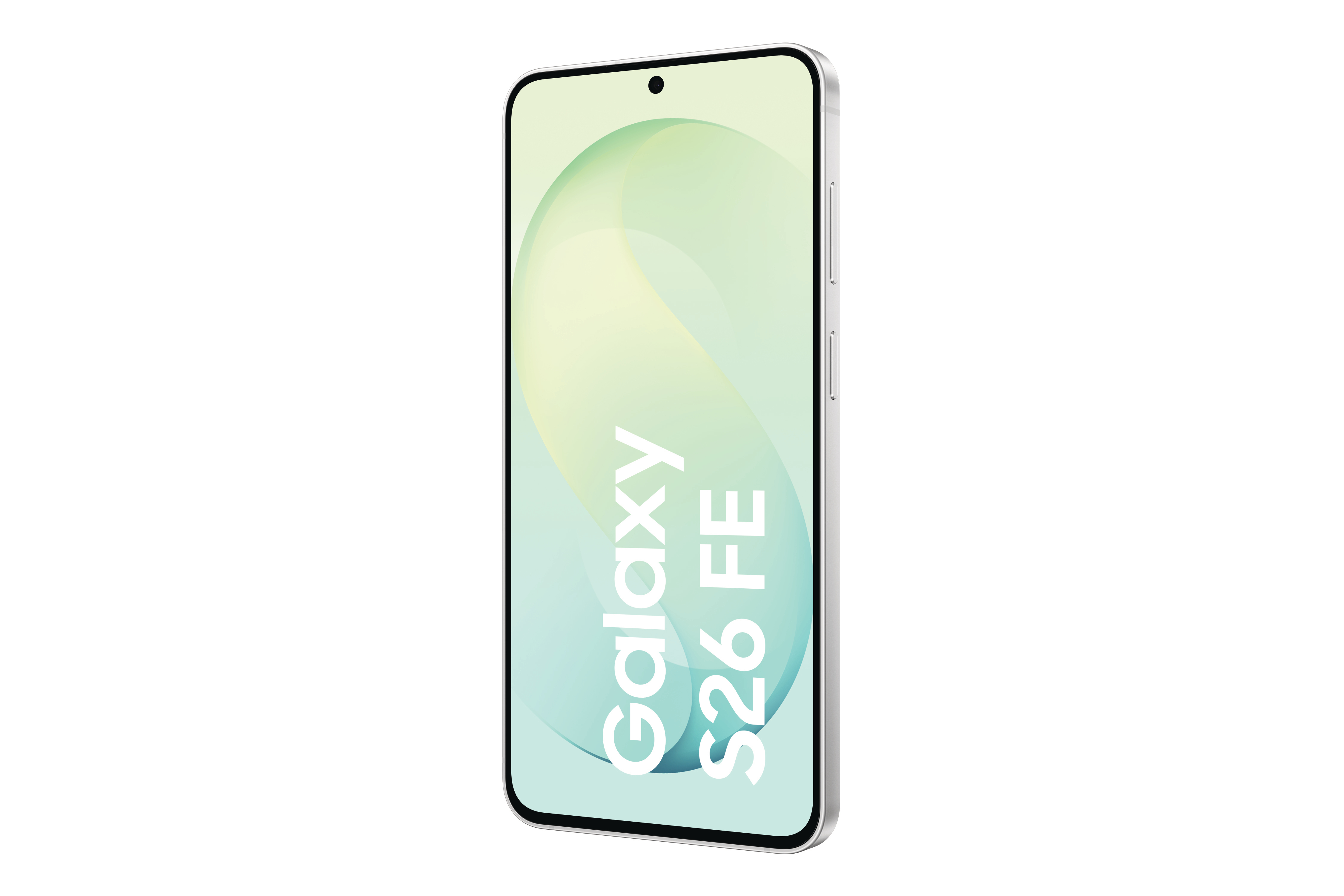 Ein weißes Smartphone in Perspektive mit grünem Display und dem Text Galaxy S26 FE.