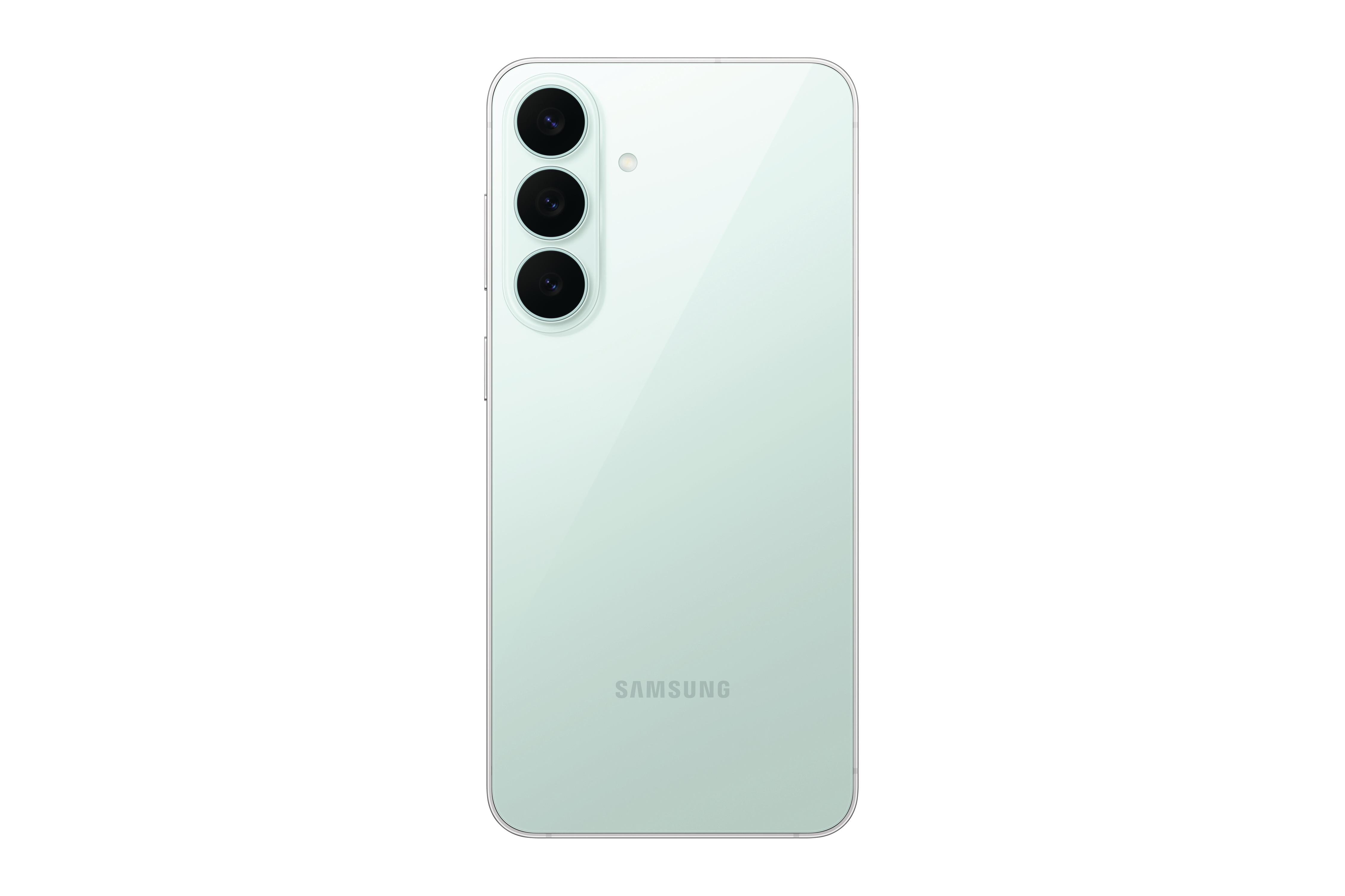 Rückseite eines hellgrünen Samsung-Smartphones mit drei vertikalen Kameras und Samsung-Logo.