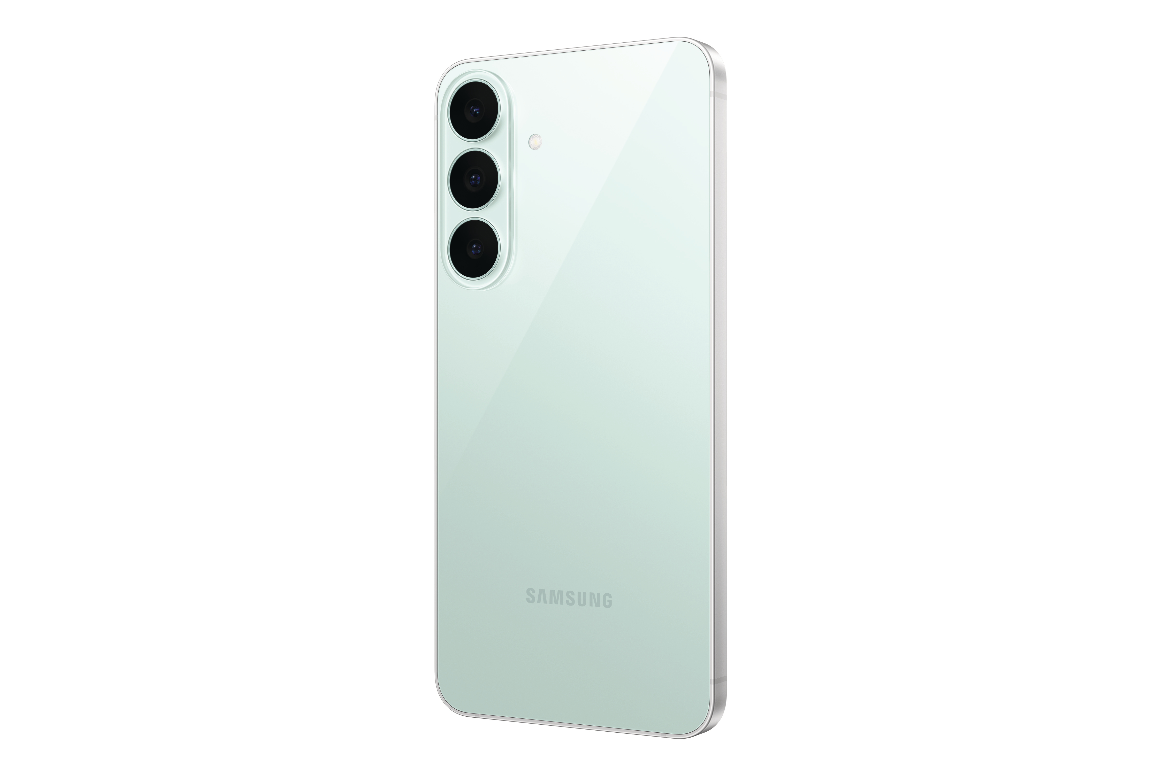 Rückansicht eines hellgrünen Samsung-Smartphones mit vertikaler Dreifachkamera und silbernem Rahmen.