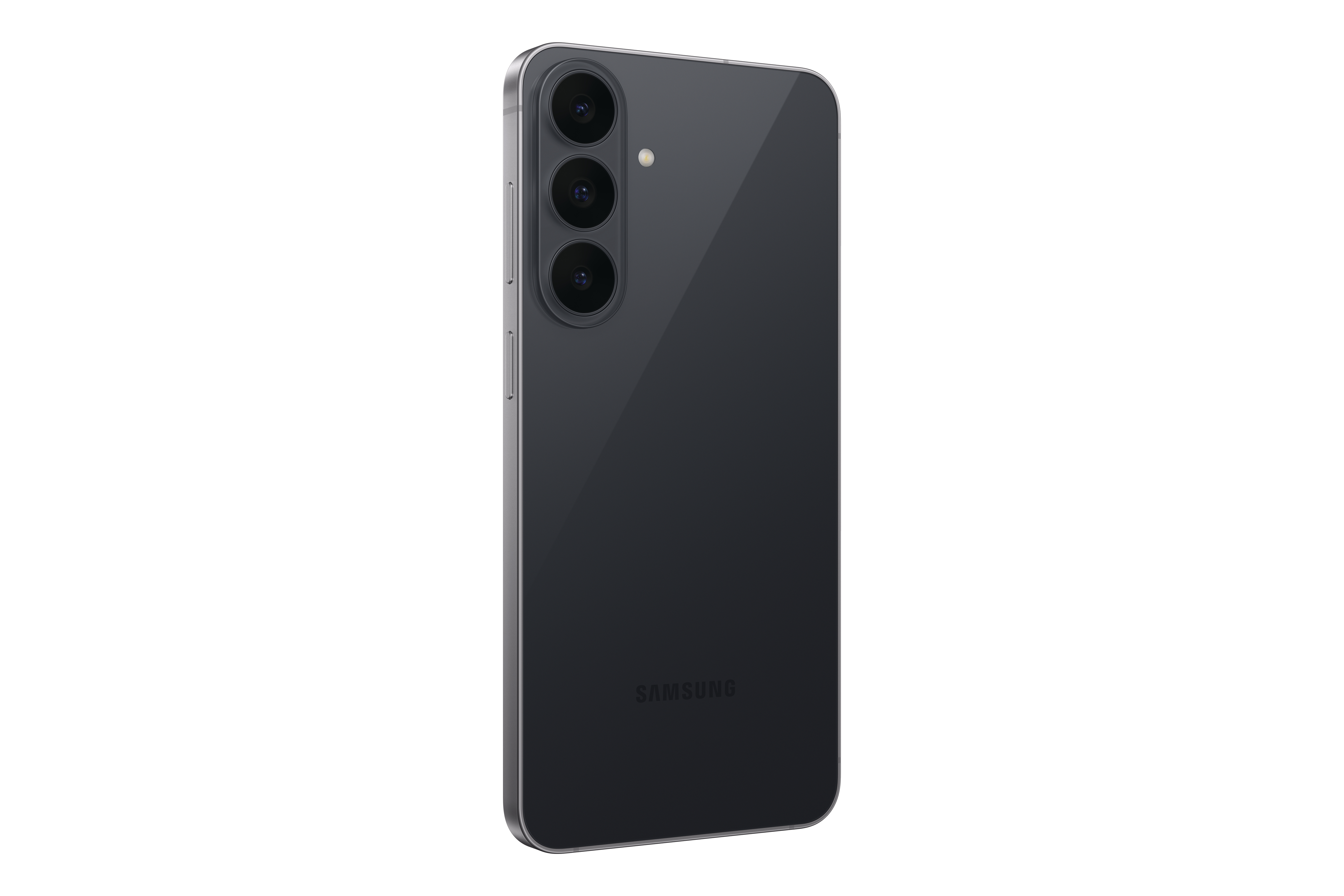 Rückansicht eines dunklen Smartphones mit vertikaler Dreifachkamera und Samsung-Logo.