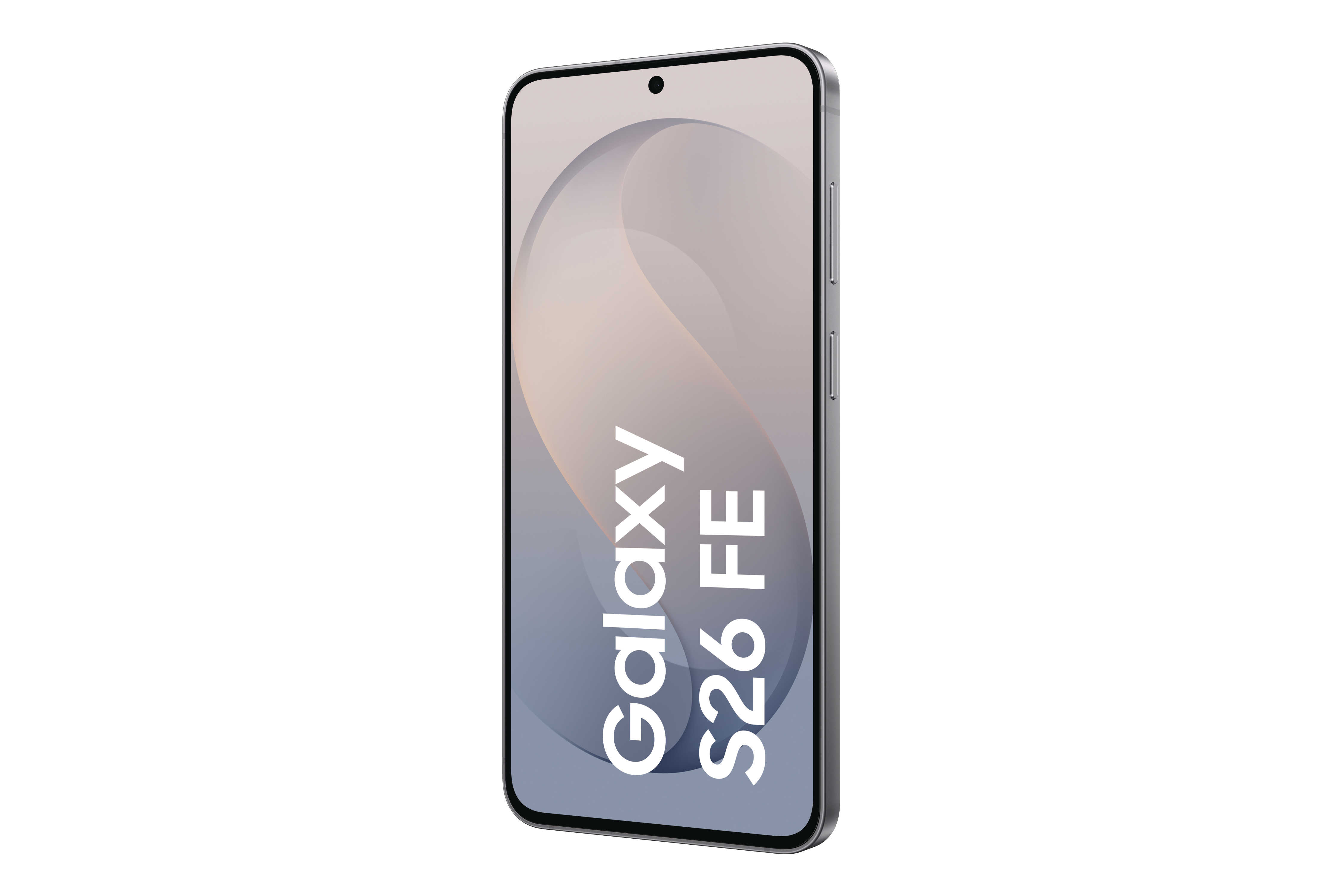 Ein silbernes Smartphone mit dem Text Galaxy S26 FE auf dem Bildschirm vor weißem Hintergrund.