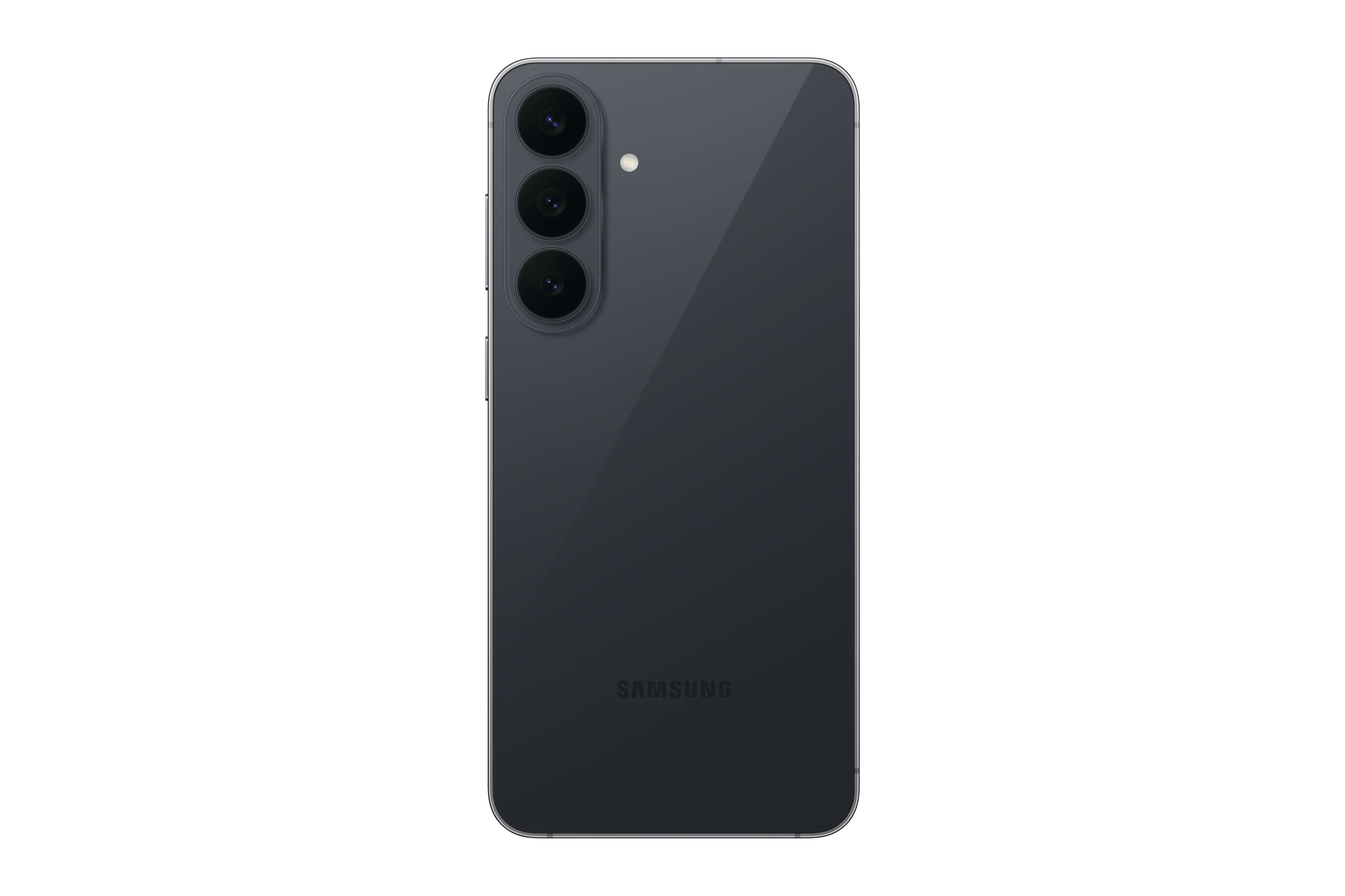 Rückseite eines dunklen Smartphones mit drei vertikalen Kameras und dem Samsung-Logo.