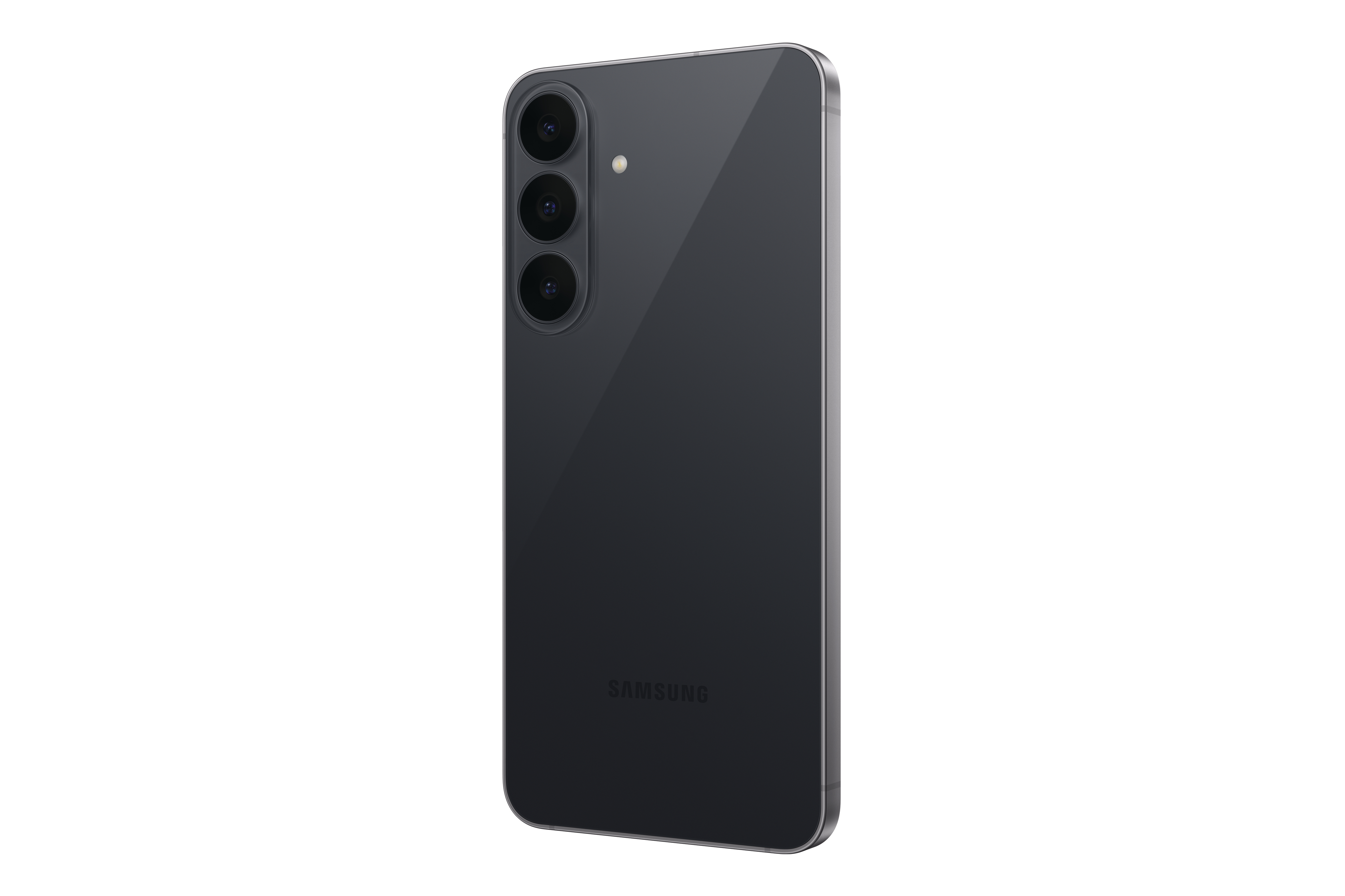 Rückseite eines dunklen Smartphones mit vertikaler Dreifachkamera und Samsung-Logo auf weißem Hintergrund.