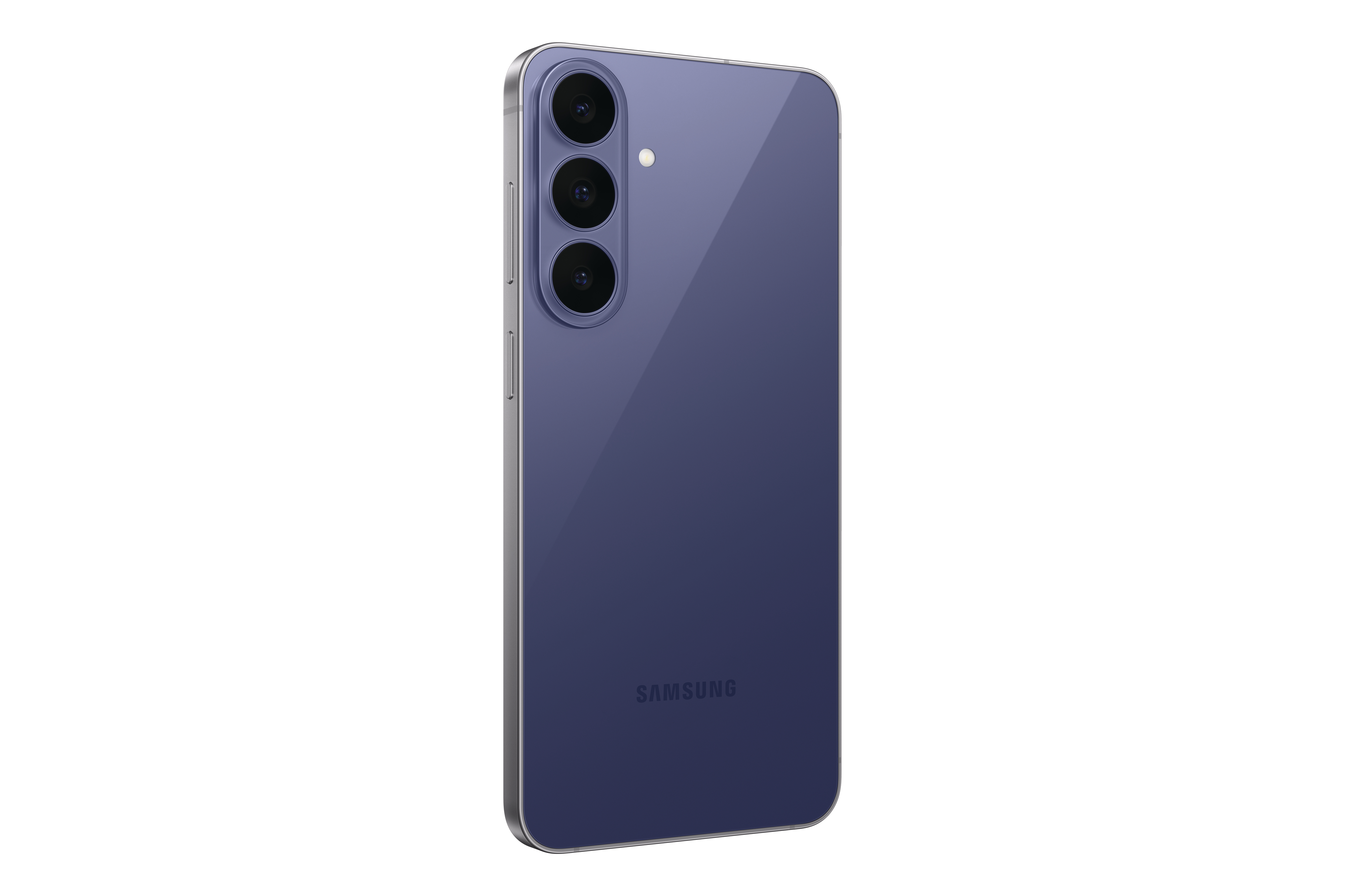 Rückseite eines violetten Samsung-Smartphones mit drei vertikalen Kameralinsen und dem Samsung-Logo.