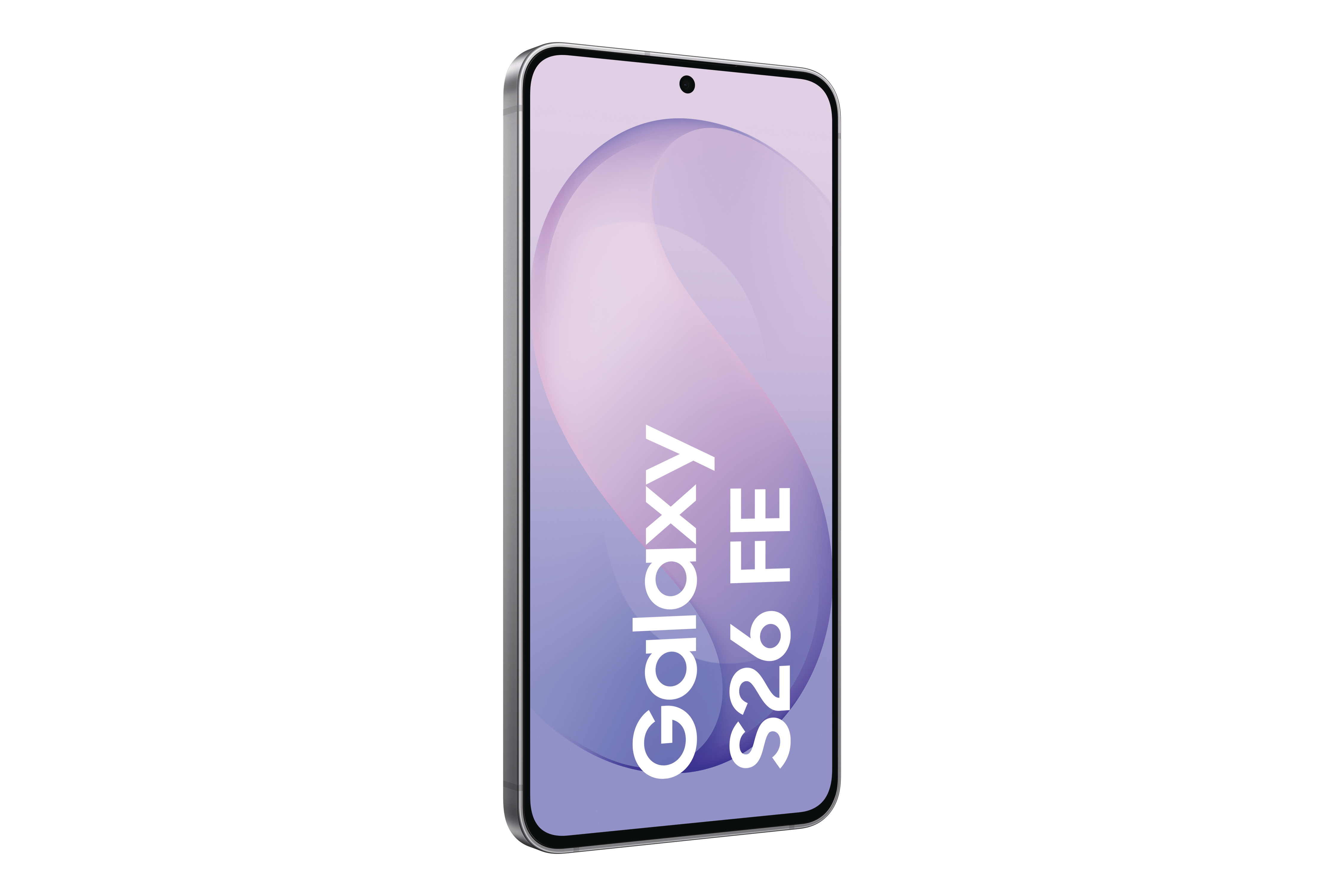Ein silbernes Smartphone mit hellviolettem Bildschirm und der Aufschrift Galaxy S26 FE.