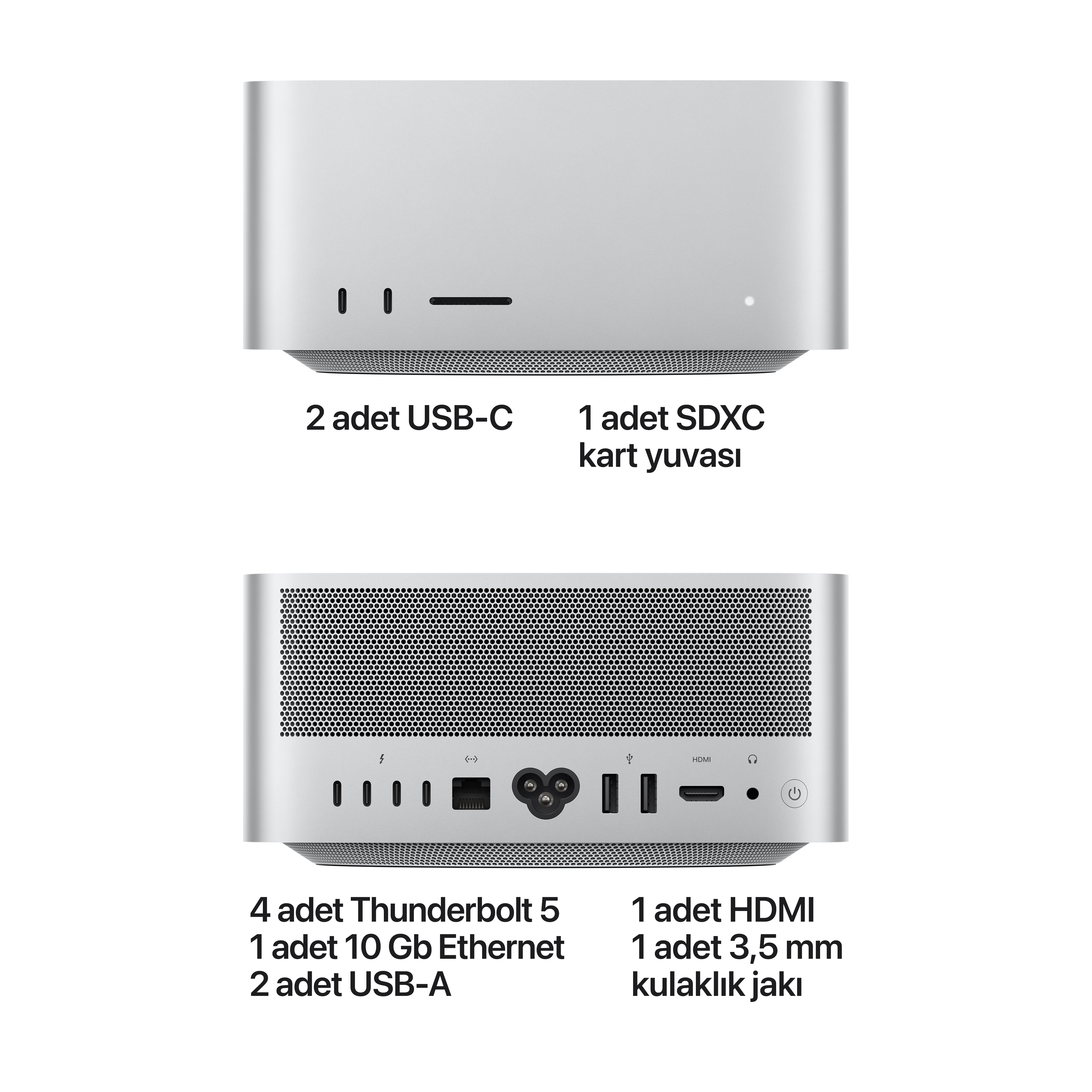Çeşitli bağlantı noktalarına sahip gümüş renkli mini PC'nin ön ve arka görünümü.