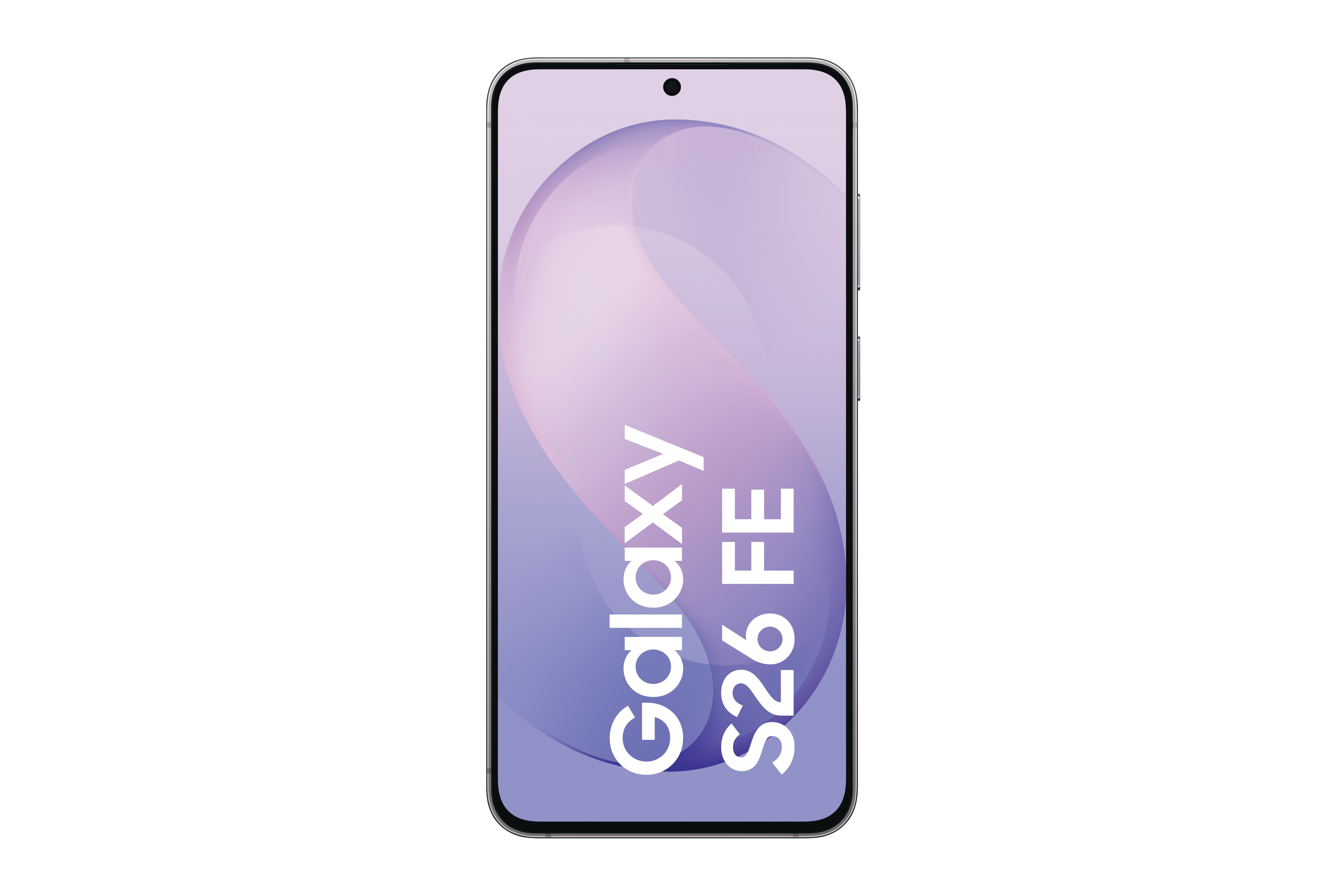 Ein Galaxy S26 FE Smartphone mit einem violetten Hintergrundbild.