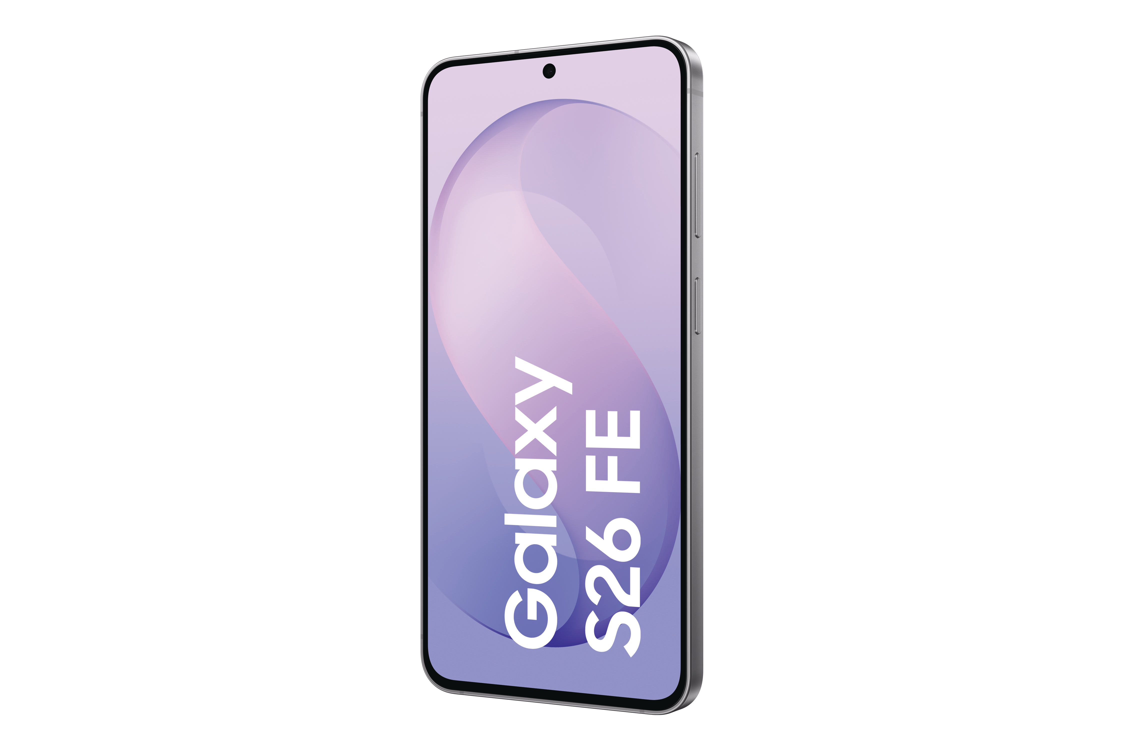 Ein silbernes Samsung Galaxy S26 FE Smartphone mit lila Hintergrundbild und weißem Schriftzug.