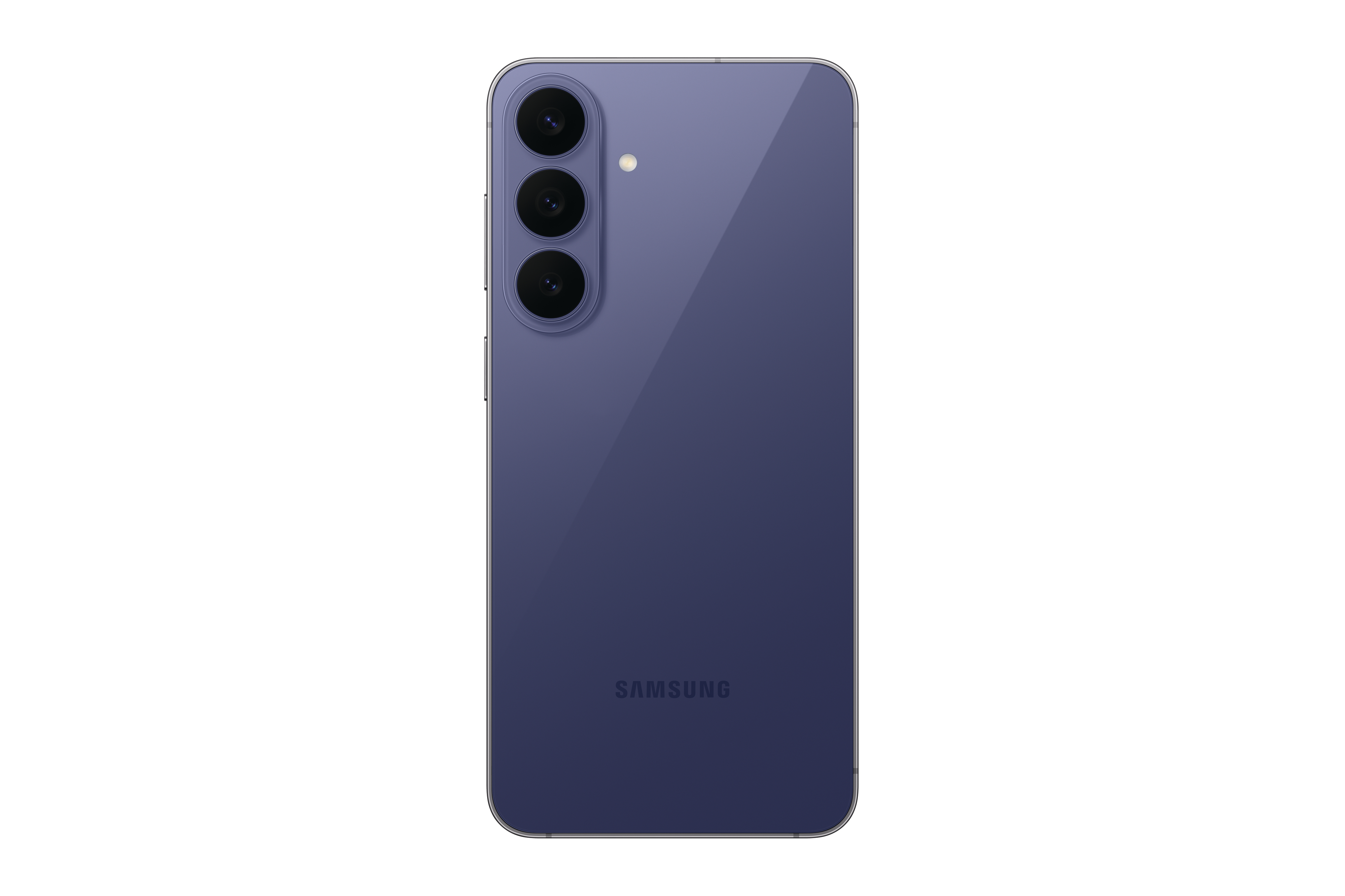 Rückseite eines violetten Samsung-Smartphones mit drei vertikalen Kameras und dem Samsung-Logo.