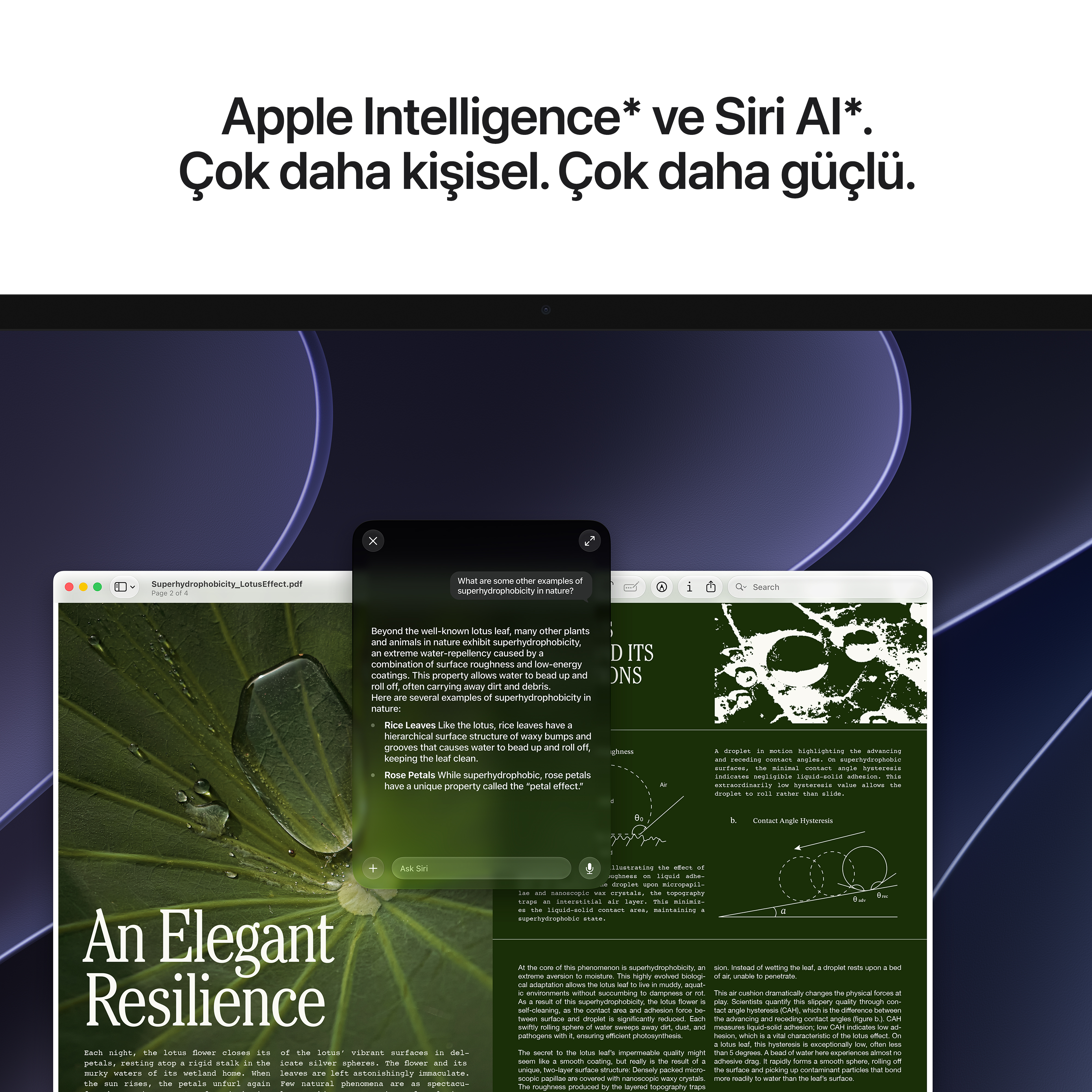 Süperhidrofobik lotus yaprağı hakkında açık bir PDF belgesi ve Siri penceresi gösteren ekran görüntüsü.
